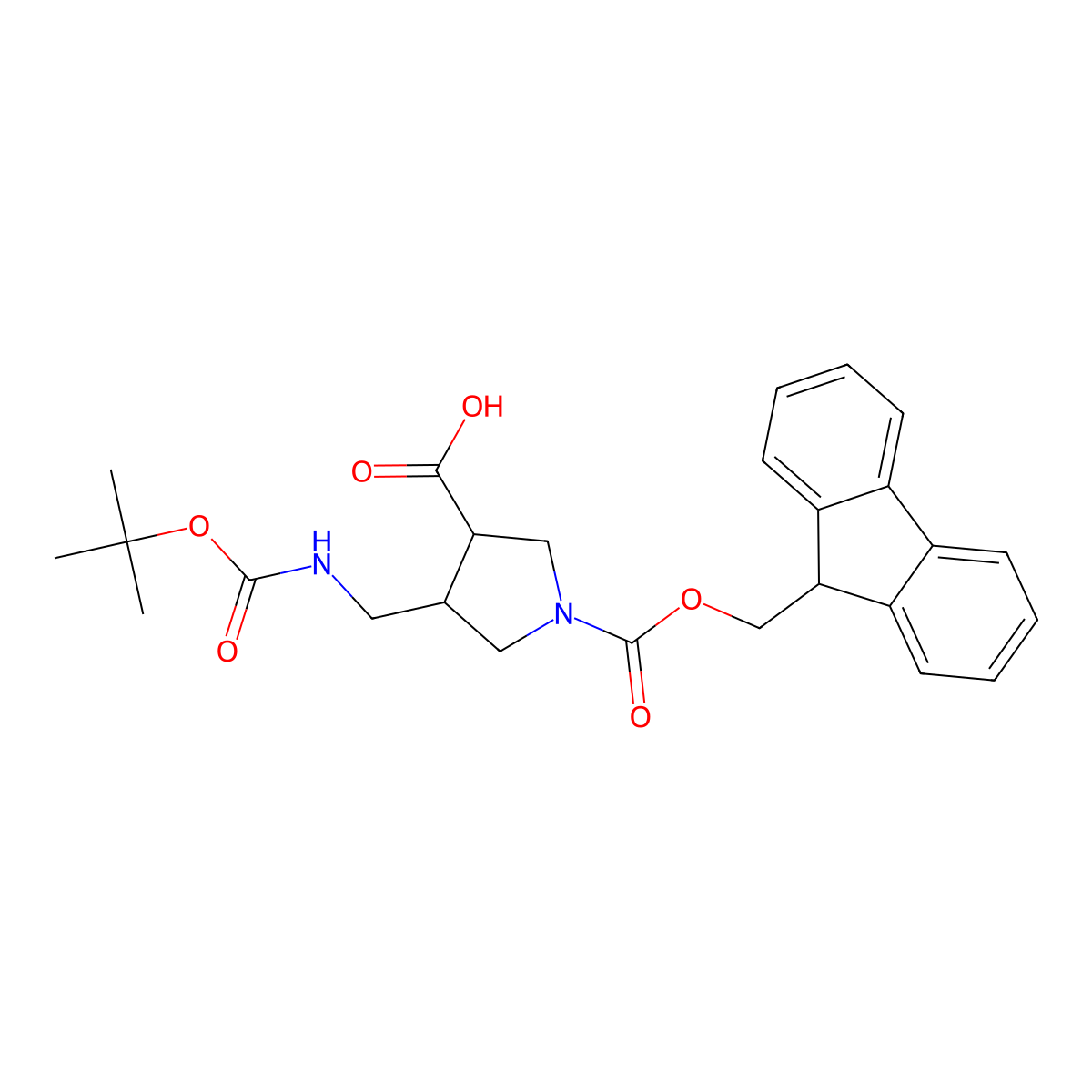 4-({[(tert-butoxy)carbonyl]amino}methyl)-1-{[(9H-fluoren-9-yl)methoxy]carbonyl}pyrrolidine-3-carboxylic acid molecular structure, CAS 2383583-87-5