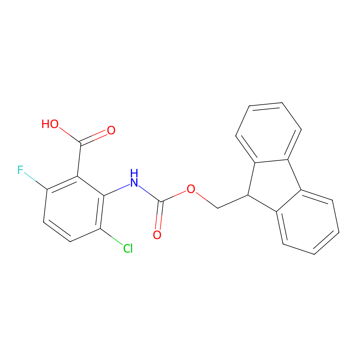 3-chloro-2-({[(9H-fluoren-9-yl)methoxy]carbonyl}amino)-6-fluorobenzoic acid molecular structure, CAS 2383703-50-0