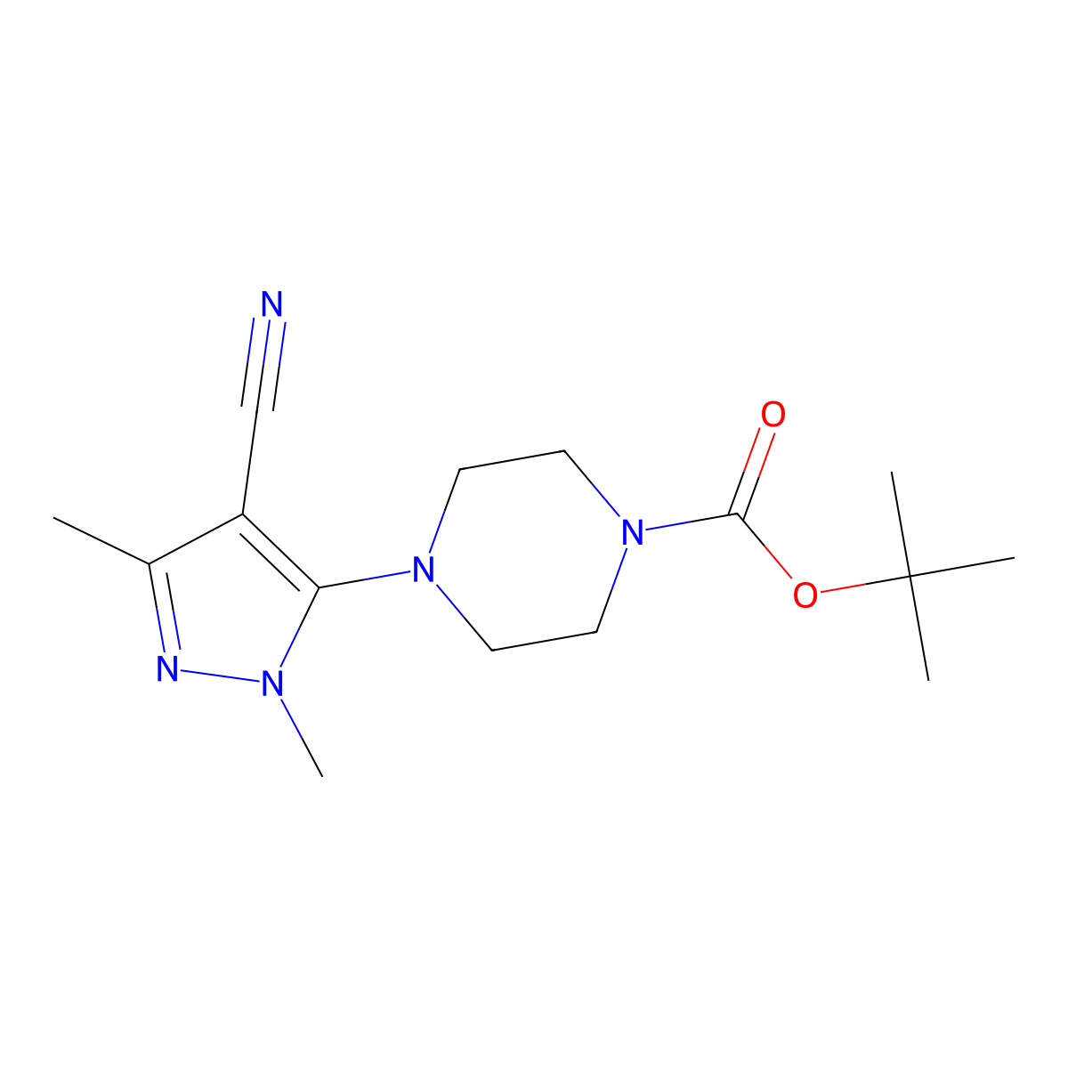 tert-butyl 4-(4-cyano-1,3-dimethyl-1H-pyrazol-5-yl)piperazine-1-carboxylate molecular structure, CAS 2383757-75-1