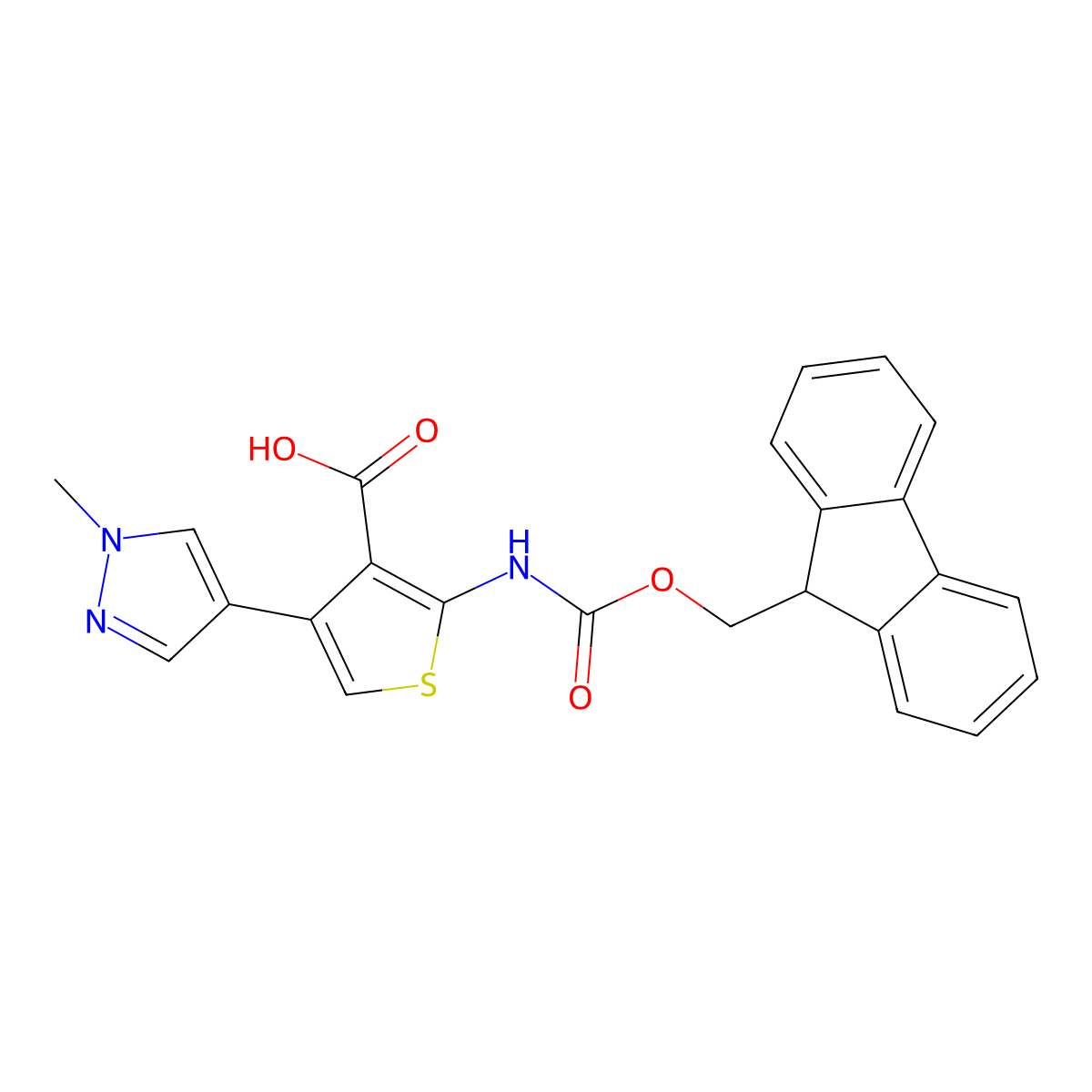 2-({[(9H-fluoren-9-yl)methoxy]carbonyl}amino)-4-(1-methyl-1H-pyrazol-4-yl)thiophene-3-carboxylic acid molecular structure, CAS 2383791-91-9