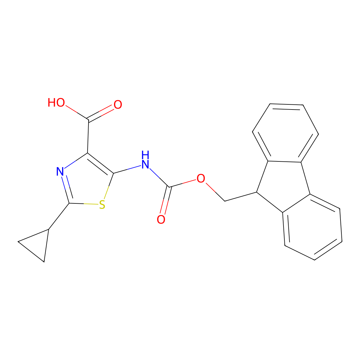 2-cyclopropyl-5-({[(9H-fluoren-9-yl)methoxy]carbonyl}amino)-1,3-thiazole-4-carboxylic acid molecular structure, CAS 2383813-74-7