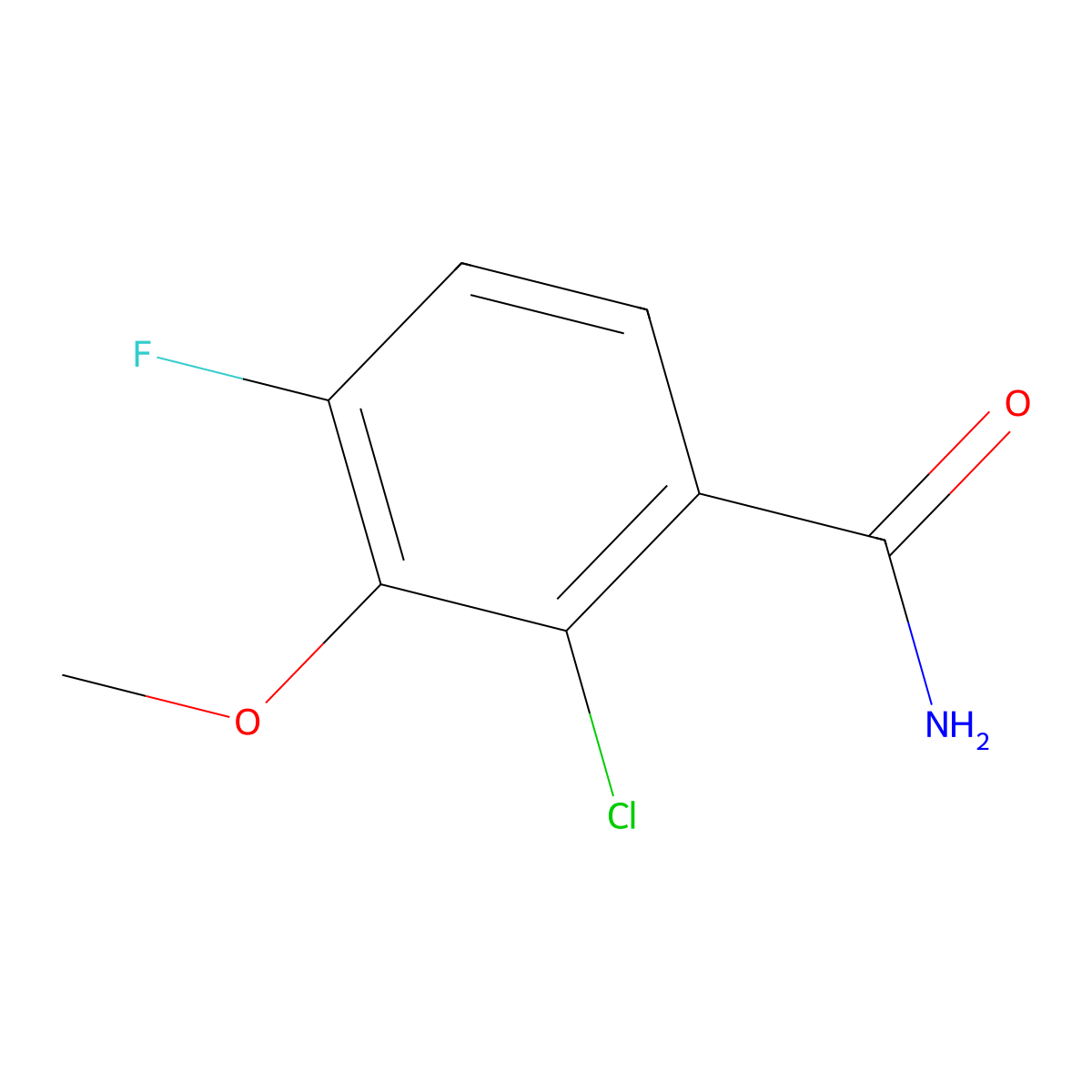 2-Chloro-4-fluoro-3-methoxybenzamide molecular structure, CAS 2384165-09-5