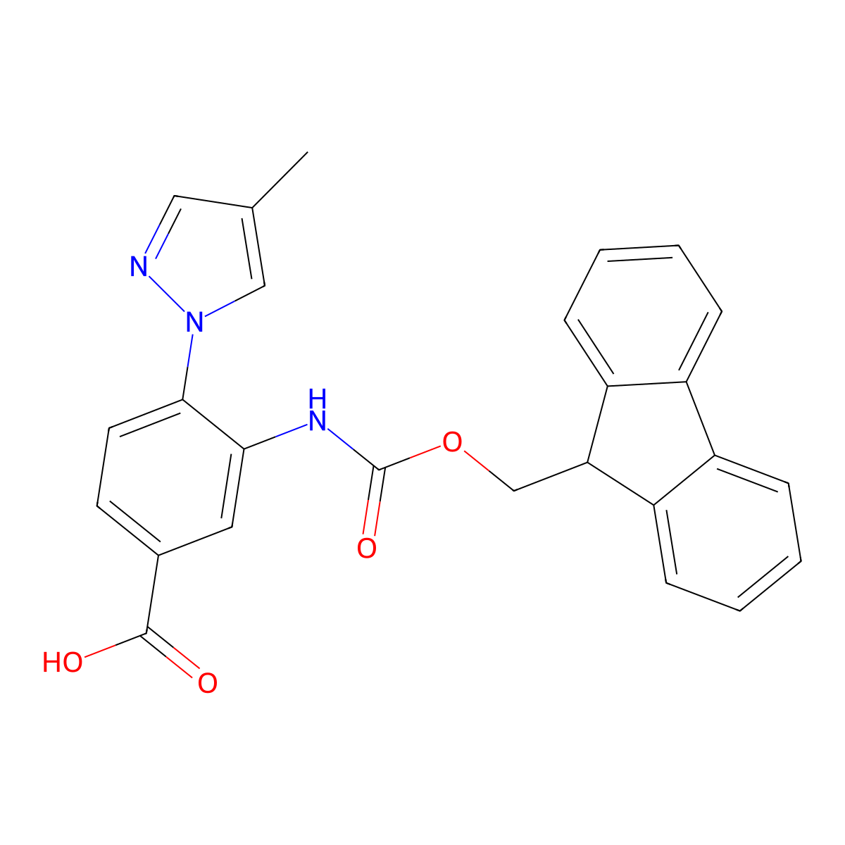 3-({[(9H-fluoren-9-yl)methoxy]carbonyl}amino)-4-(4-methyl-1H-pyrazol-1-yl)benzoic acid molecular structure, CAS 2384210-79-9