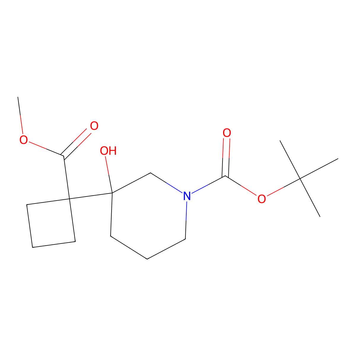 Tert-butyl 3-hydroxy-3-[1-(methoxycarbonyl)cyclobutyl]piperidine-1-carboxylate molecular structure, CAS 2384260-17-5