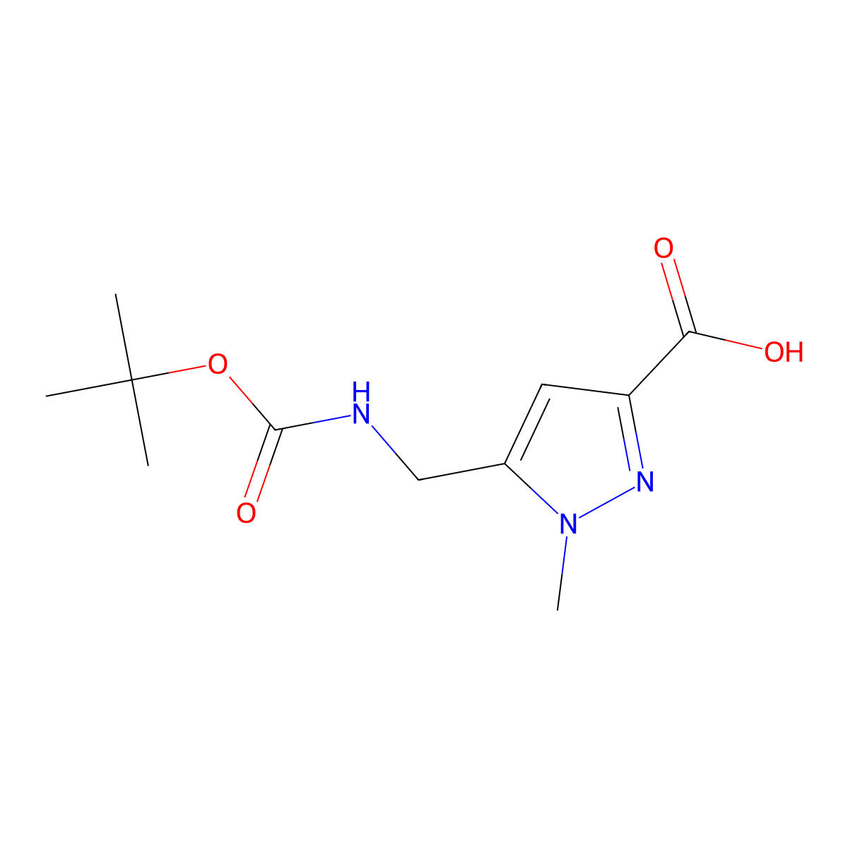 5-(((tert-Butoxycarbonyl)amino)methyl)-1-methyl-1H-pyrazole-3-carboxylic acid molecular structure, CAS 2384262-49-9