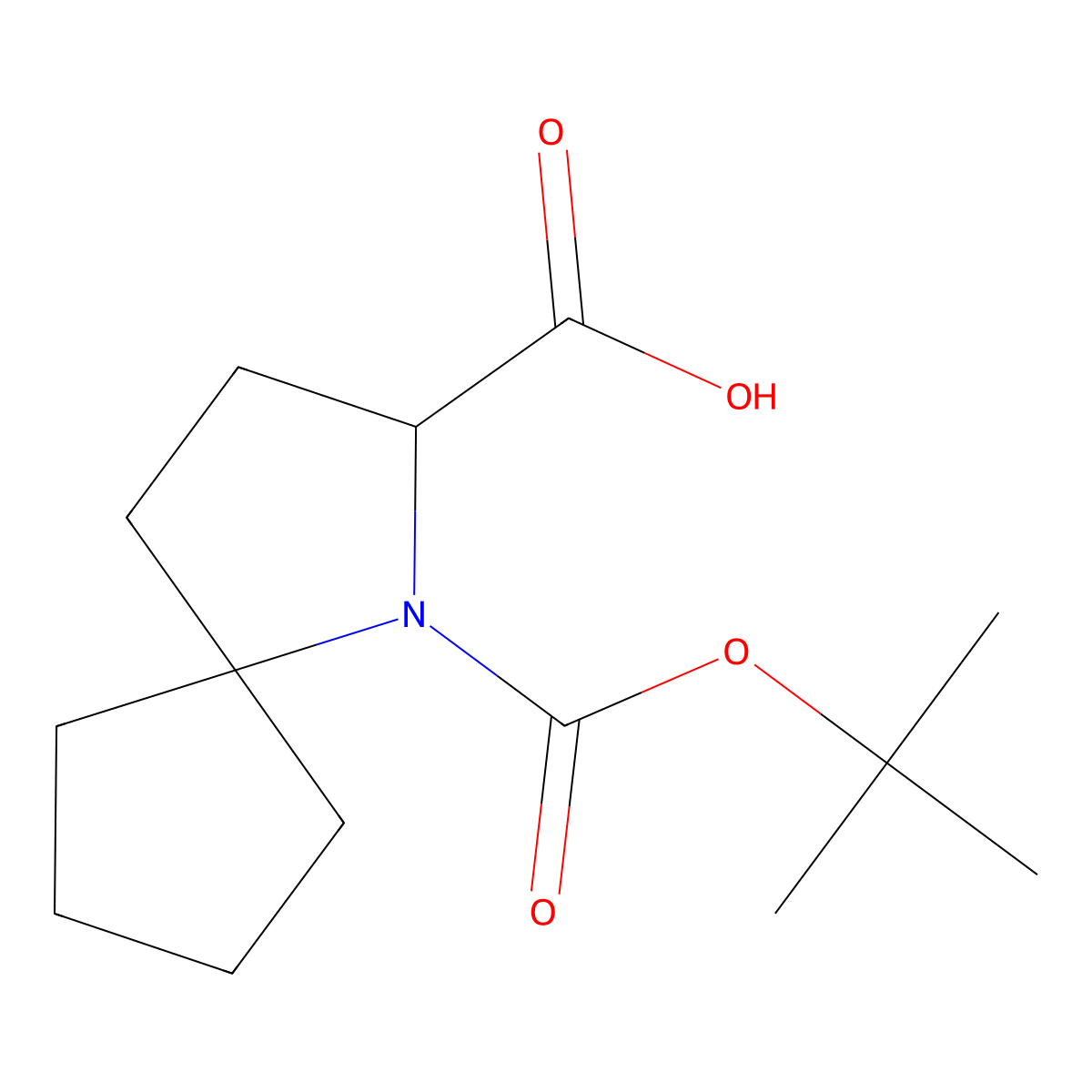 1-[(2-Methylpropan-2-yl)oxycarbonyl]-1-azaspiro[4.4]nonane-2-carboxylic acid molecular structure, CAS 2384317-35-3