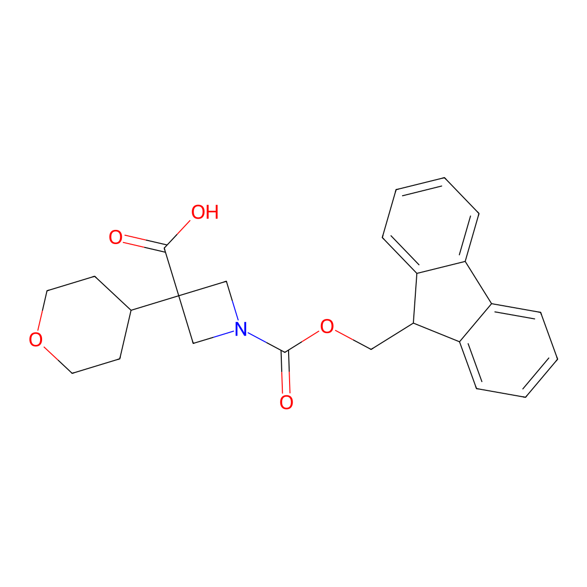 1-{[(9H-fluoren-9-yl)methoxy]carbonyl}-3-(oxan-4-yl)azetidine-3-carboxylic acid molecular structure, CAS 2384387-87-3