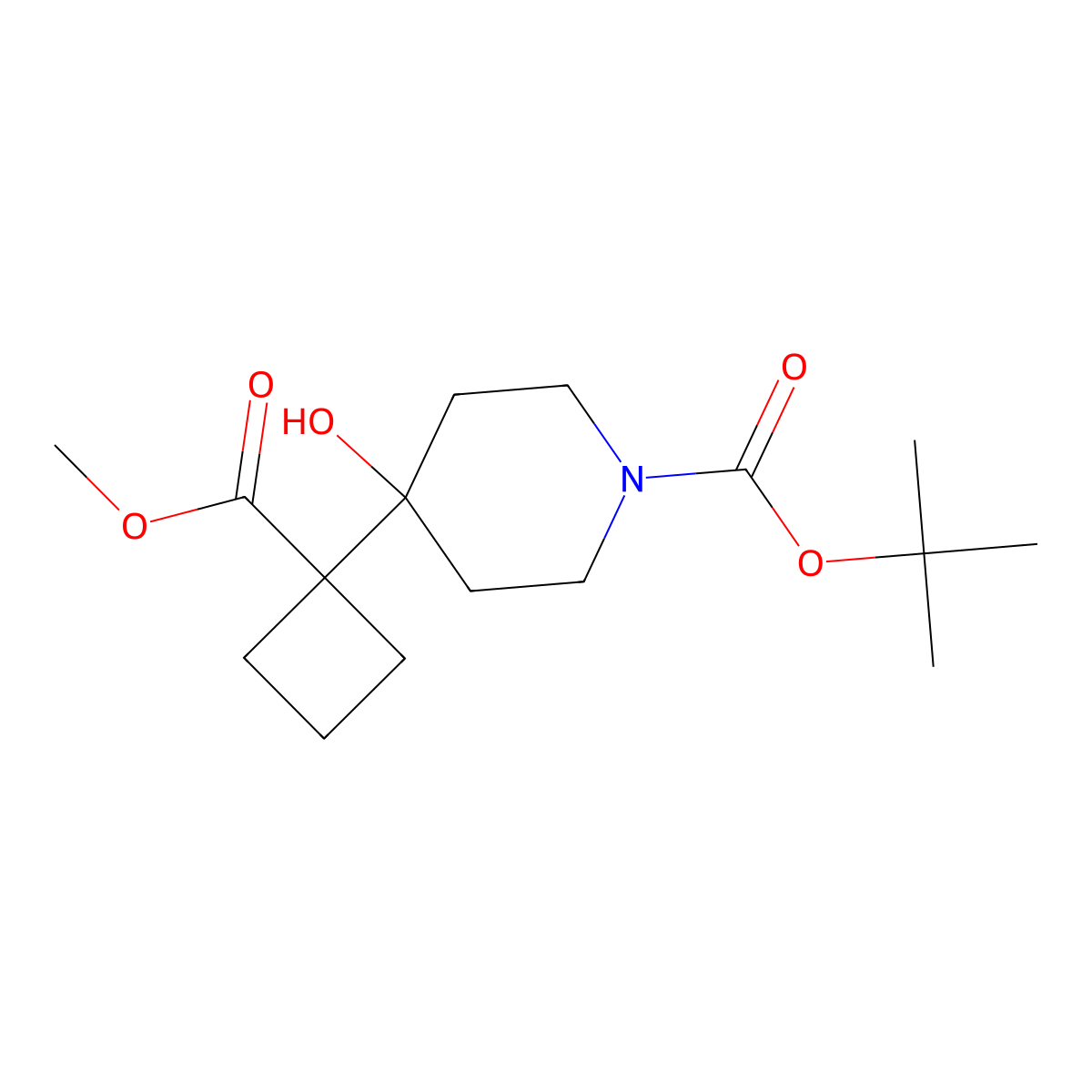 Tert-butyl 4-hydroxy-4-[1-(methoxycarbonyl)cyclobutyl]piperidine-1-carboxylate molecular structure, CAS 2384451-65-2