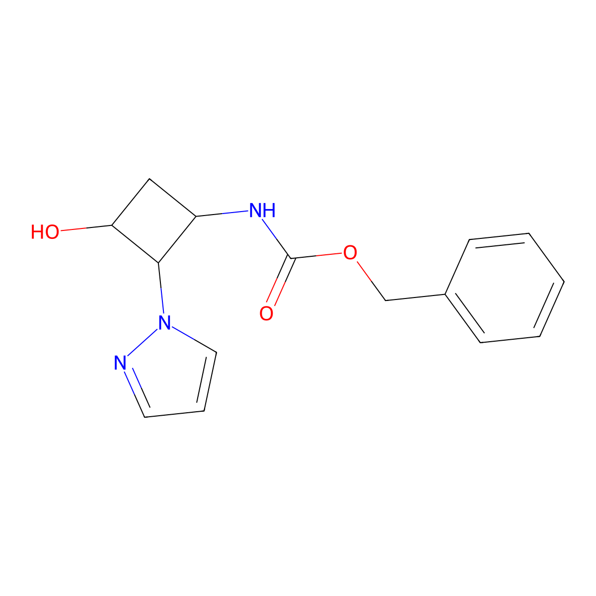 benzyl N-[3-hydroxy-2-(1H-pyrazol-1-yl)cyclobutyl]carbamate molecular structure, CAS 2384463-22-1