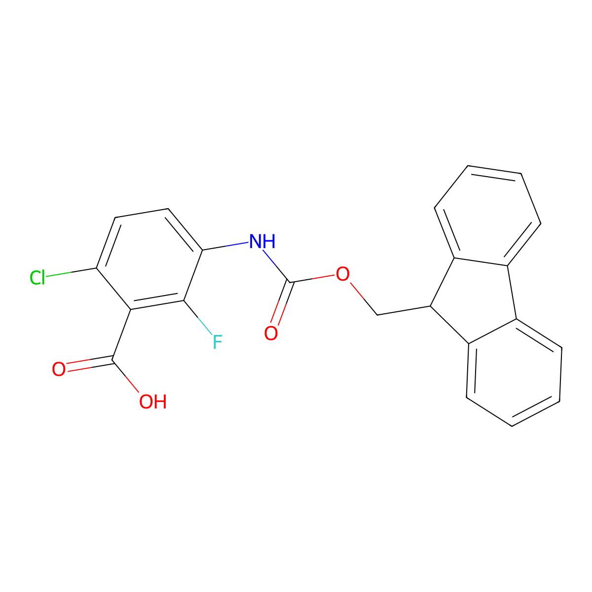 6-chloro-3-({[(9H-fluoren-9-yl)methoxy]carbonyl}amino)-2-fluorobenzoic acid molecular structure, CAS 2384486-38-6