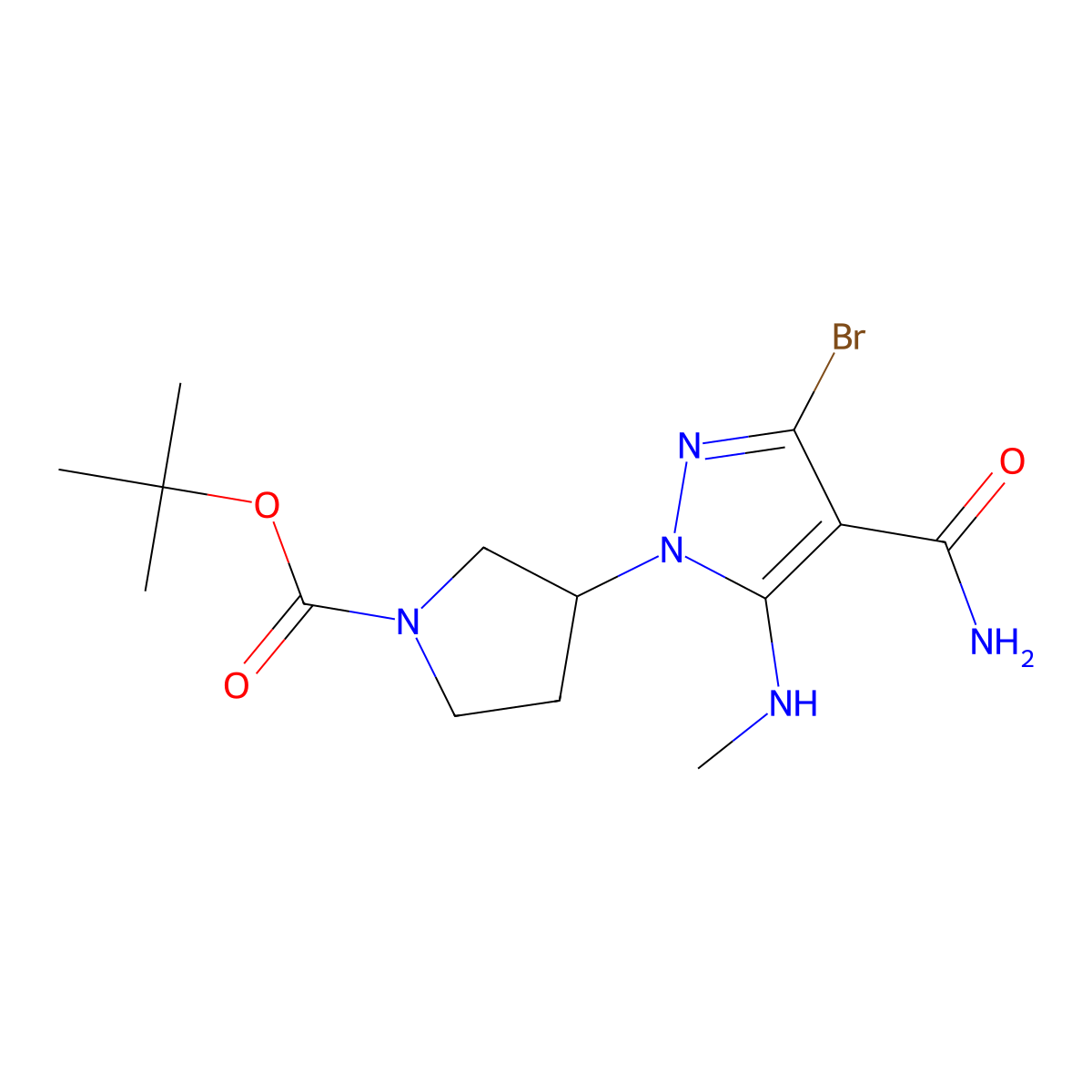 tert-Butyl 3-(3-bromo-4-carbamoyl-5-(methylamino)-1H-pyrazol-1-yl)pyrrolidine-1-carboxylate molecular structure, CAS 2384605-26-7