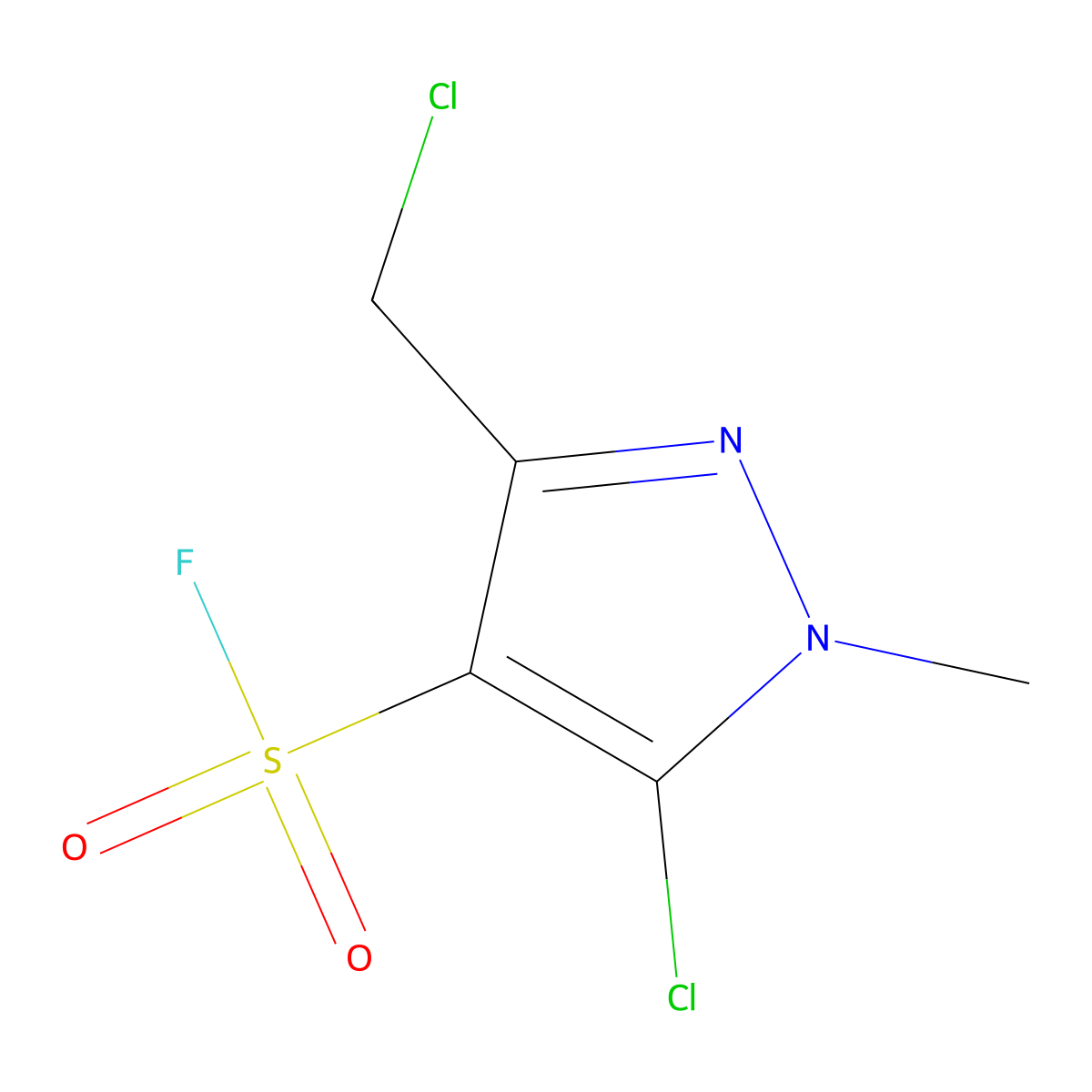 5-chloro-3-(chloromethyl)-1-methyl-1H-pyrazole-4-sulfonyl fluoride molecular structure, CAS 2384655-45-0