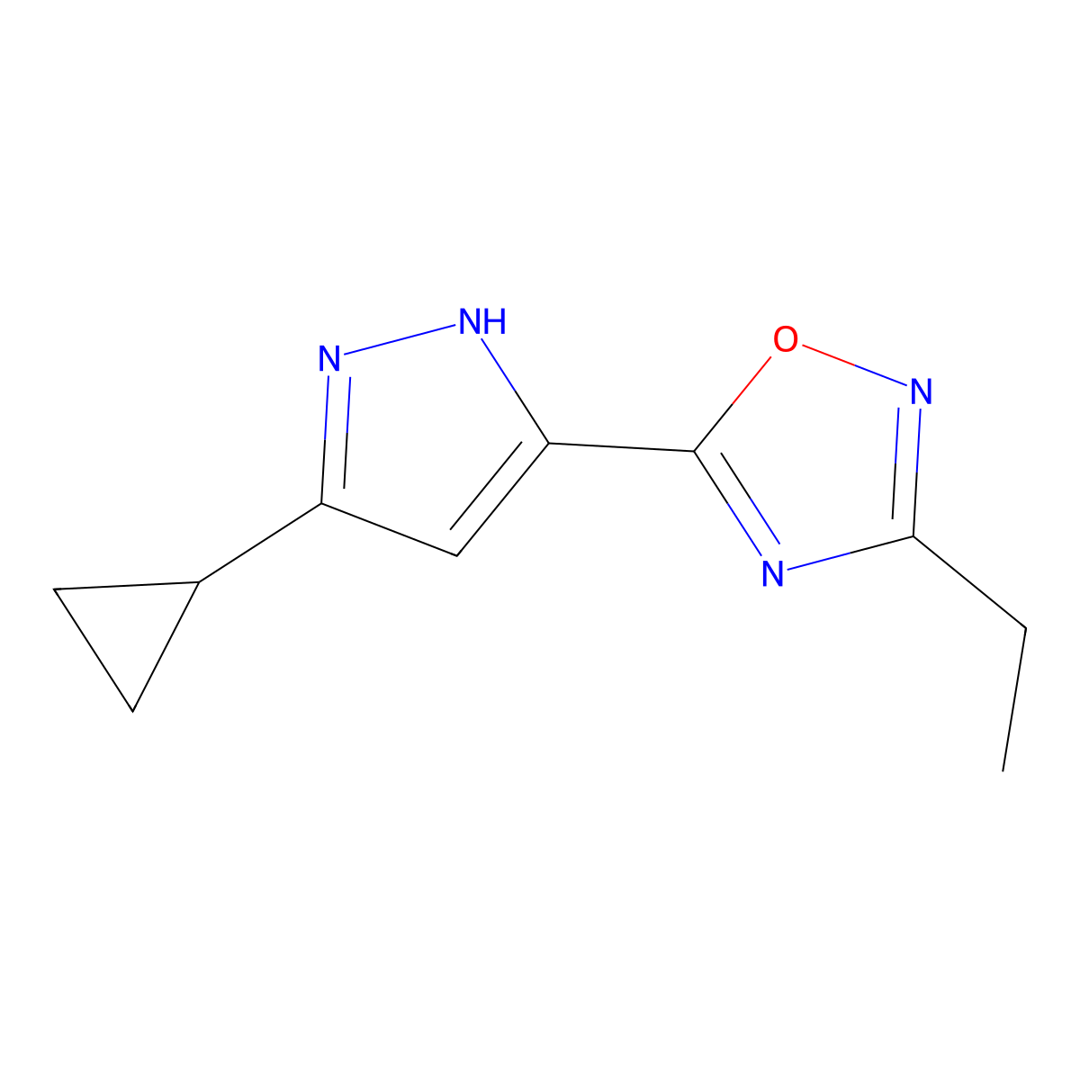 5-(3-cyclopropyl-1H-pyrazol-5-yl)-3-ethyl-1,2,4-oxadiazole molecular structure, CAS 2384696-21-1