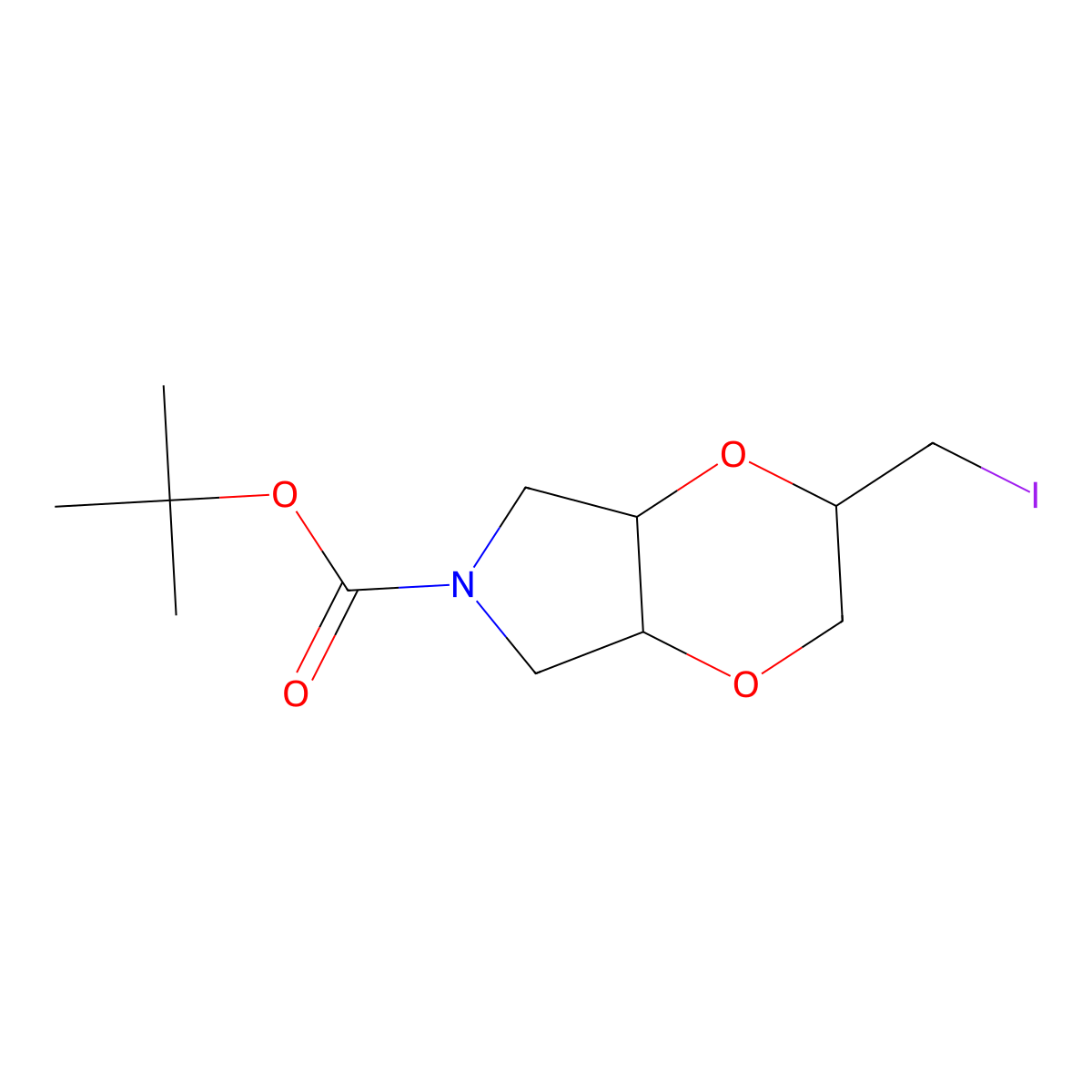 tert-butyl 2-(iodomethyl)-hexahydro-2H-(1,4)dioxino(2,3-c)pyrrole-6-carboxylate molecular structure, CAS 2384698-15-9