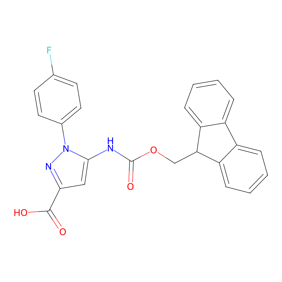 5-({[(9H-fluoren-9-yl)methoxy]carbonyl}amino)-1-(4-fluorophenyl)-1H-pyrazole-3-carboxylic acid molecular structure, CAS 2384787-26-0