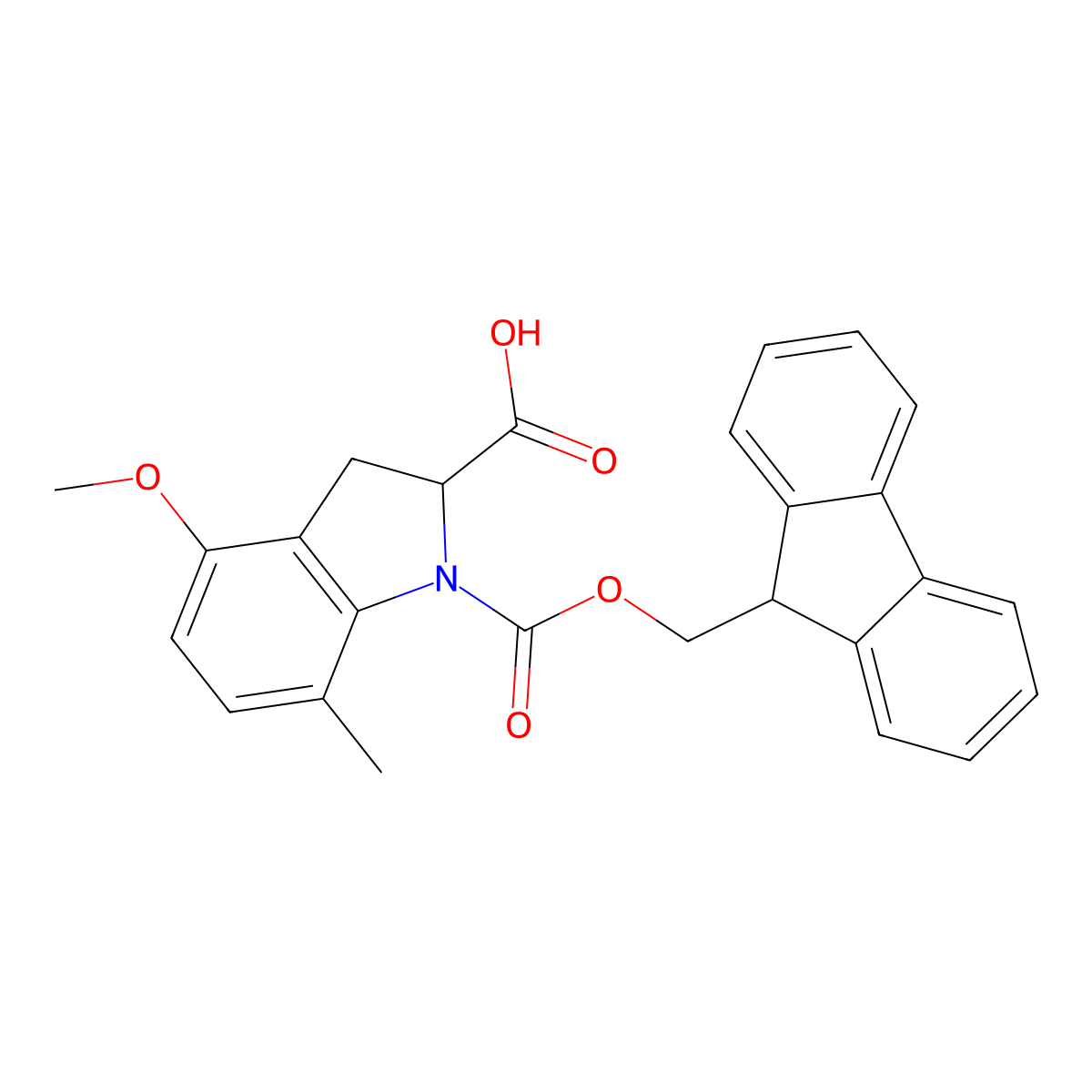 1-{[(9H-fluoren-9-yl)methoxy]carbonyl}-4-methoxy-7-methyl-2,3-dihydro-1H-indole-2-carboxylic acid molecular structure, CAS 2384895-48-9