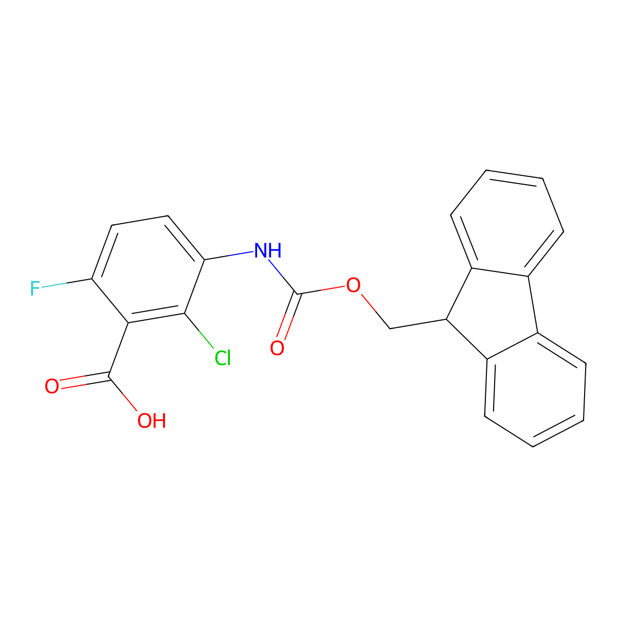 2-chloro-3-({[(9H-fluoren-9-yl)methoxy]carbonyl}amino)-6-fluorobenzoic acid molecular structure, CAS 2384922-32-9