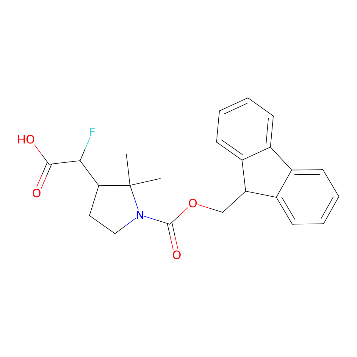 2-(1-{[(9H-fluoren-9-yl)methoxy]carbonyl}-2,2-dimethylpyrrolidin-3-yl)-2-fluoroacetic acid molecular structure, CAS 2384931-70-6