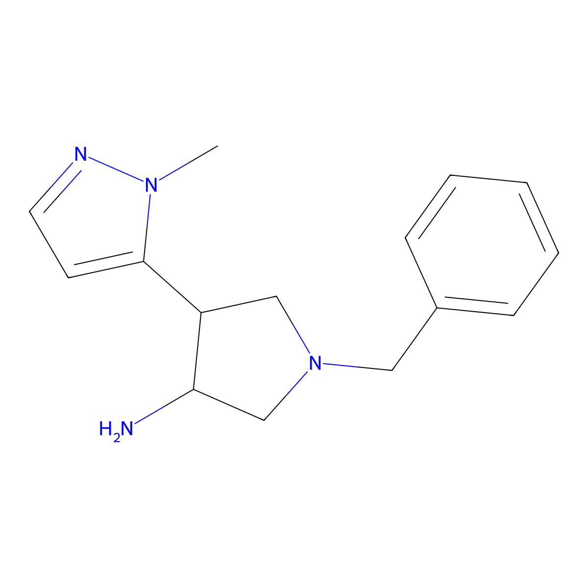 1-benzyl-4-(1-methyl-1H-pyrazol-5-yl)pyrrolidin-3-amine molecular structure, CAS 2385009-96-9