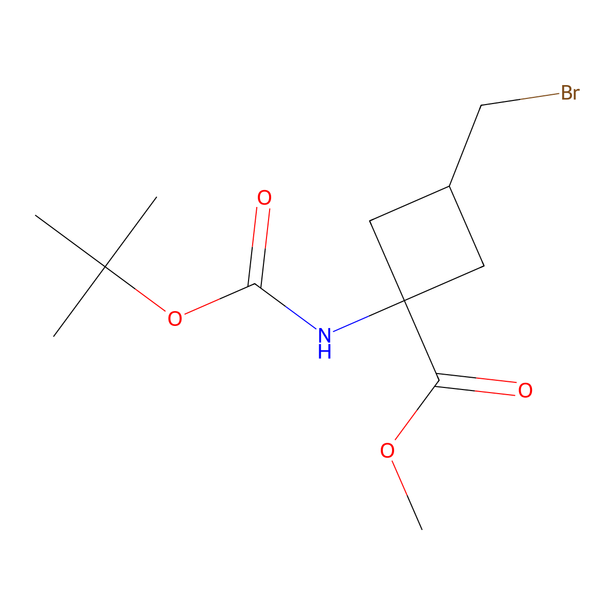 Methyl 3-(bromomethyl)-1-(((tert-butoxy)carbonyl)amino)cyclobutane-1-carboxylate molecular structure, CAS 2385014-67-3
