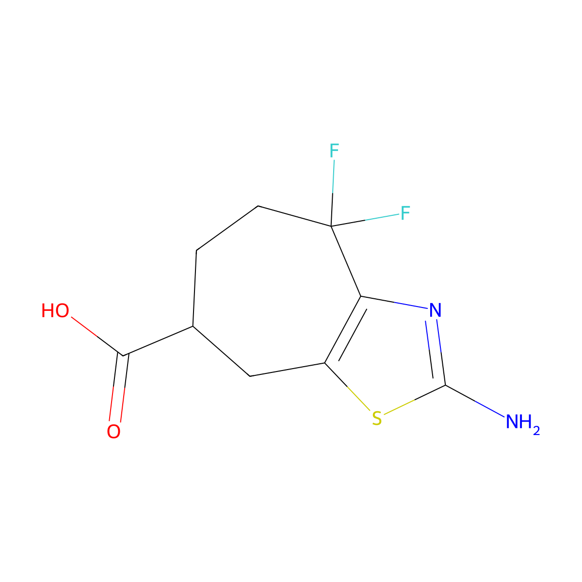 2-amino-4,4-difluoro-4H,5H,6H,7H,8H-cyclohepta[d][1,3]thiazole-7-carboxylic acid molecular structure, CAS 2385155-99-5