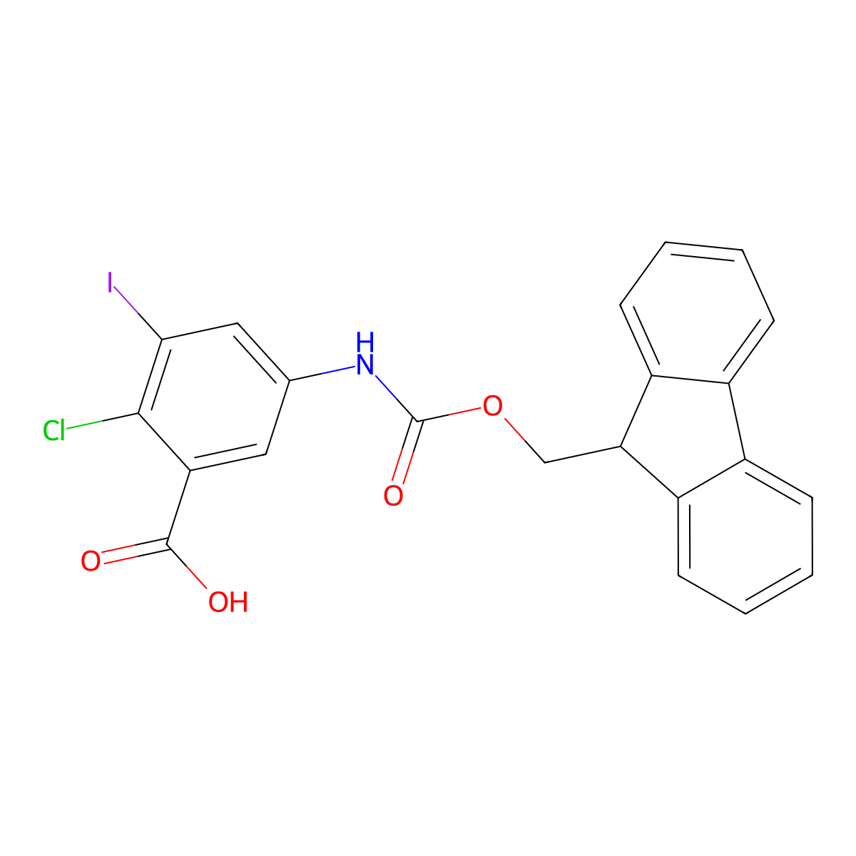 2-chloro-5-({[(9H-fluoren-9-yl)methoxy]carbonyl}amino)-3-iodobenzoic acid molecular structure, CAS 2385296-00-2