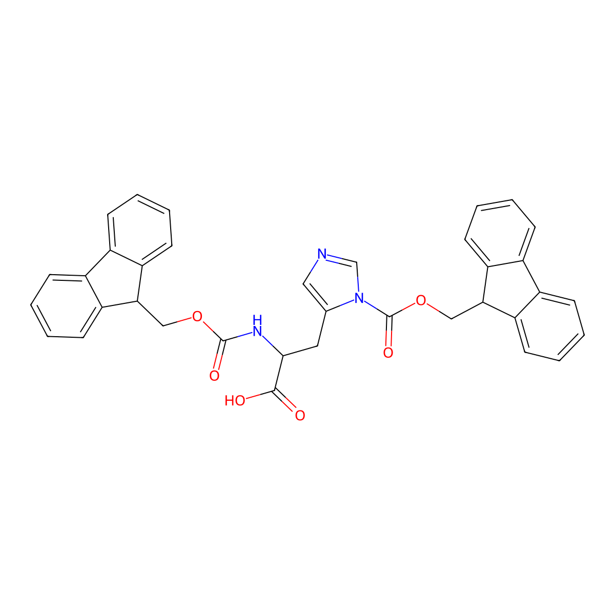 Na,Np-bis(((9H-fluoren-9-yl)methoxy)carbonyl)-DL-histidine molecular structure, CAS 2385297-01-6