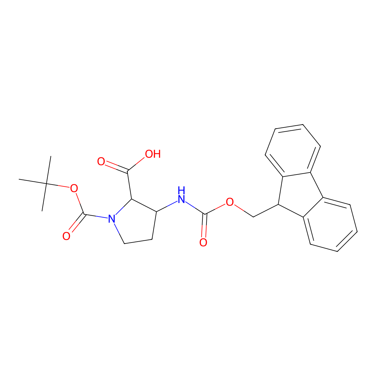 1-[(tert-butoxy)carbonyl]-3-({[(9H-fluoren-9-yl)methoxy]carbonyl}amino)pyrrolidine-2-carboxylic acid molecular structure, CAS 2385310-88-1