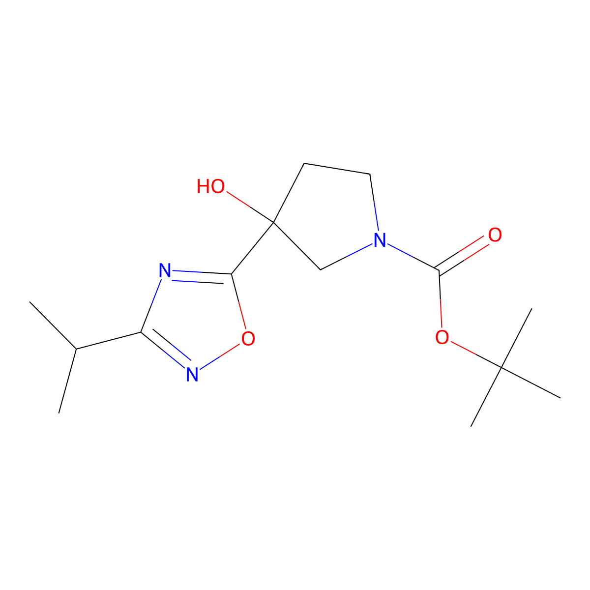 Tert-butyl 3-hydroxy-3-[3-(propan-2-yl)-1,2,4-oxadiazol-5-yl]pyrrolidine-1-carboxylate molecular structure, CAS 2385375-84-6