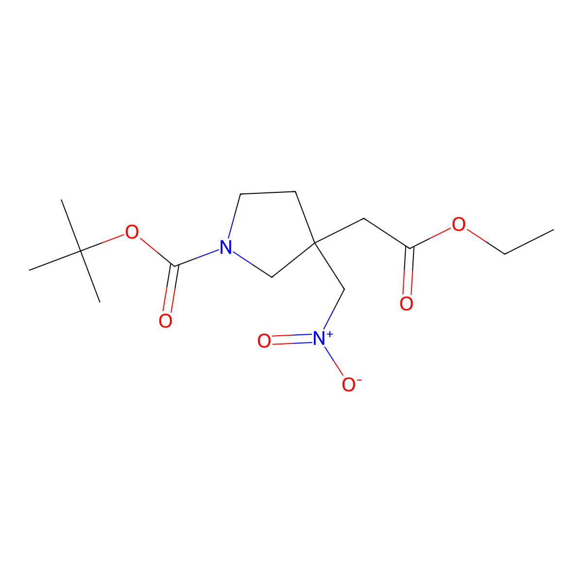 Tert-butyl 3-(2-ethoxy-2-oxoethyl)-3-(nitromethyl)pyrrolidine-1-carboxylate molecular structure, CAS 2385414-76-4