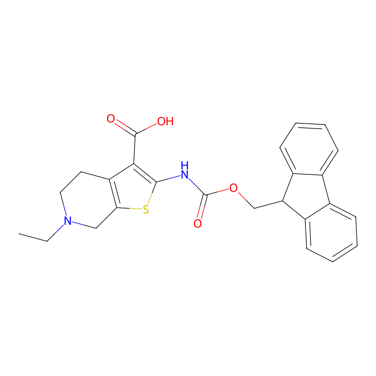6-ethyl-2-({[(9H-fluoren-9-yl)methoxy]carbonyl}amino)-4H,5H,6H,7H-thieno[2,3-c]pyridine-3-carboxylic acid molecular structure, CAS 2385443-52-5
