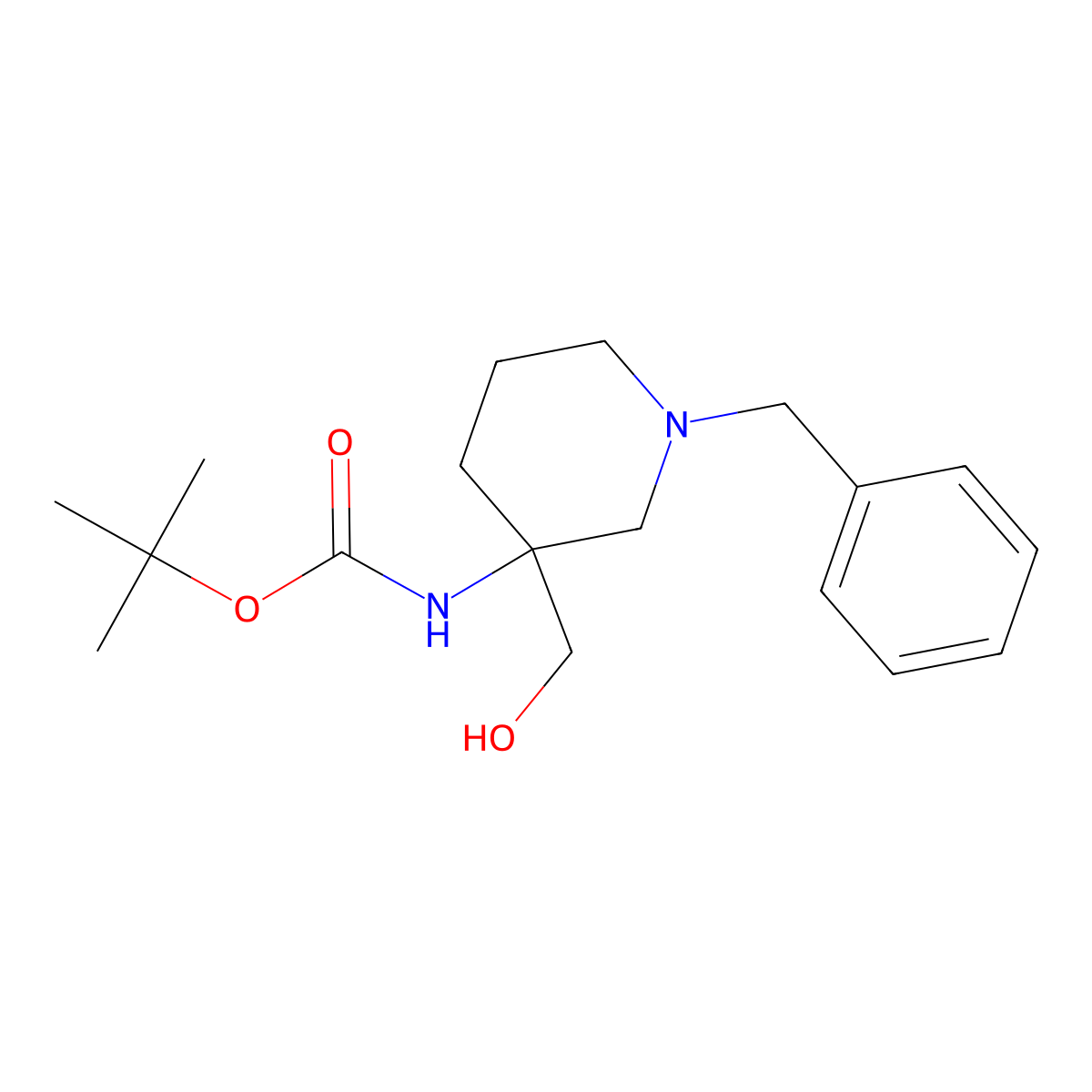tert-butyl N-[1-benzyl-3-(hydroxymethyl)piperidin-3-yl]carbamate molecular structure, CAS 2385500-11-6