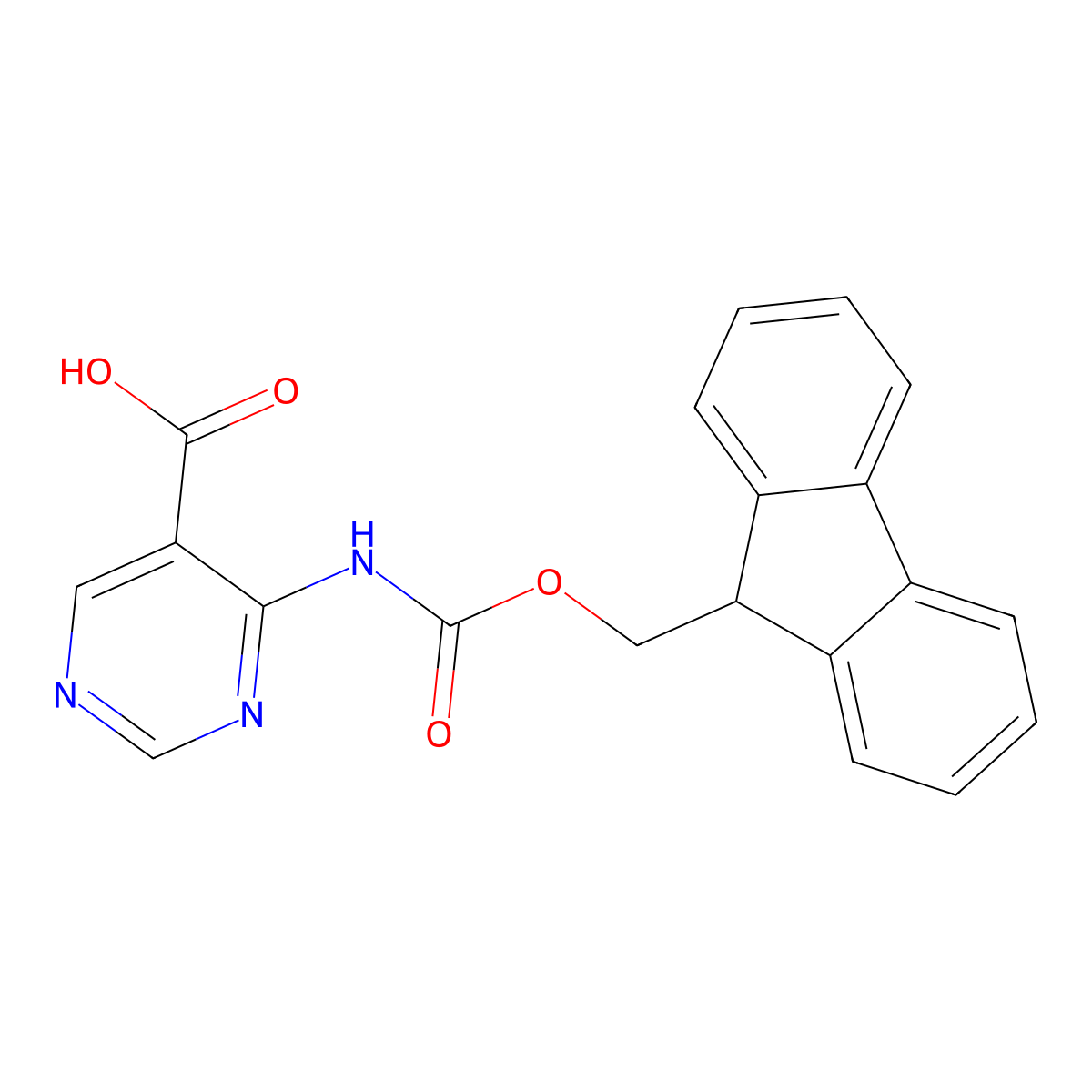 4-({[(9H-fluoren-9-yl)methoxy]carbonyl}amino)pyrimidine-5-carboxylic acid molecular structure, CAS 2385600-40-6