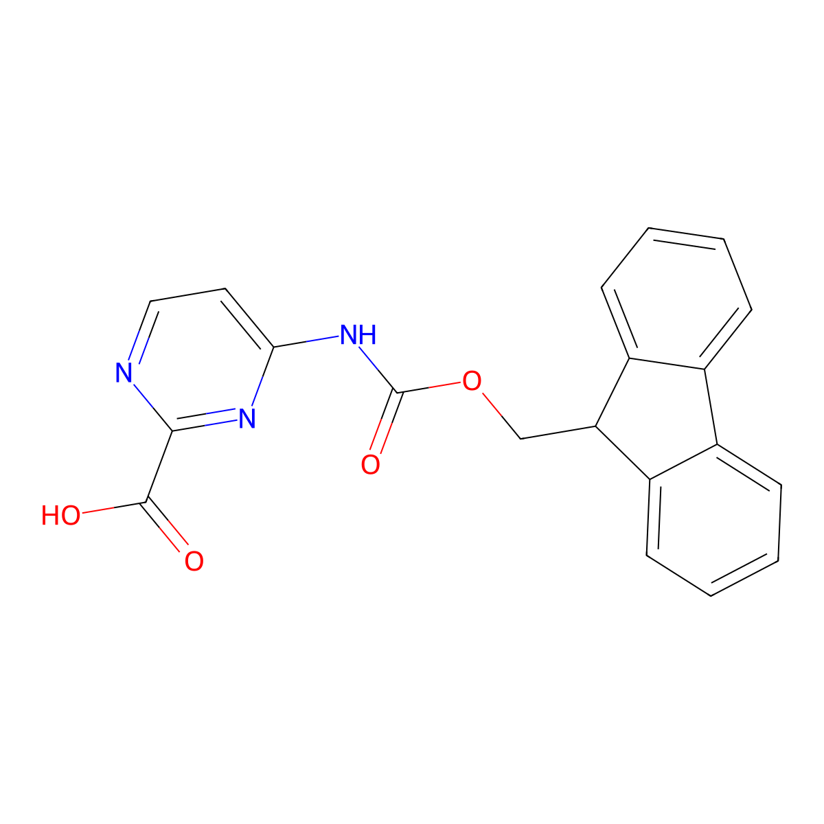 4-({[(9H-fluoren-9-yl)methoxy]carbonyl}amino)pyrimidine-2-carboxylic acid molecular structure, CAS 2385602-42-4