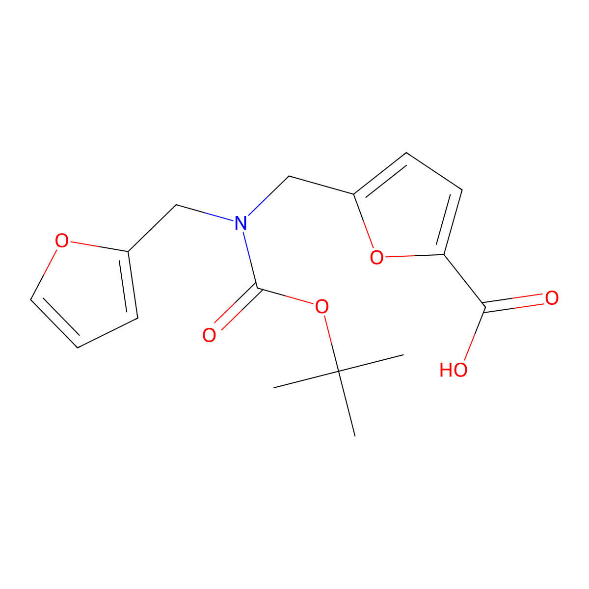 5-({[(Tert-butoxy)carbonyl](furan-2-ylmethyl)amino}methyl)furan-2-carboxylic acid molecular structure, CAS 2385642-26-0