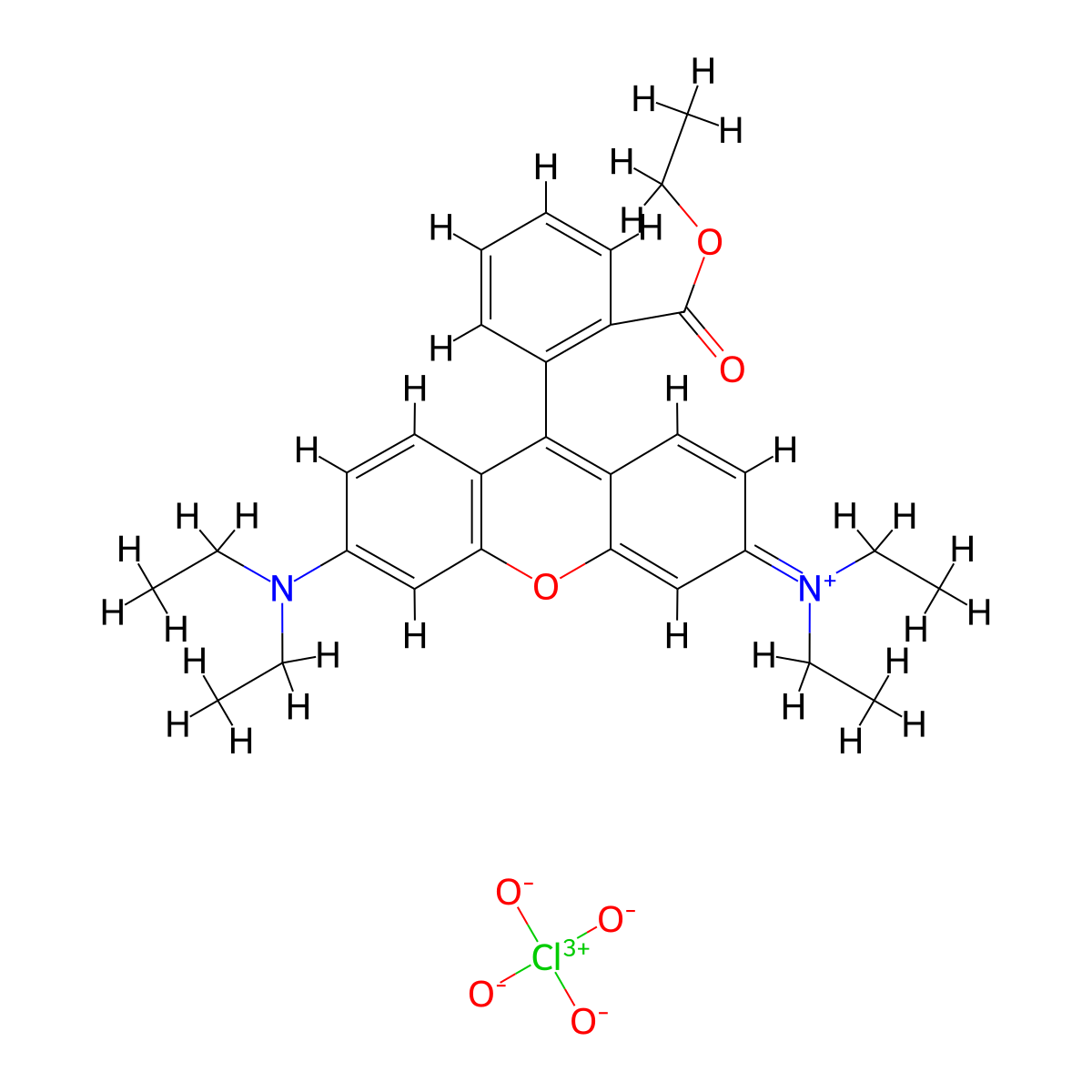 Xanthylium, 3,6-bis(diethylamino)-9-[2-(ethoxycarbonyl)phenyl]-, perchlorate (1:1) molecular structure, CAS 23857-69-4