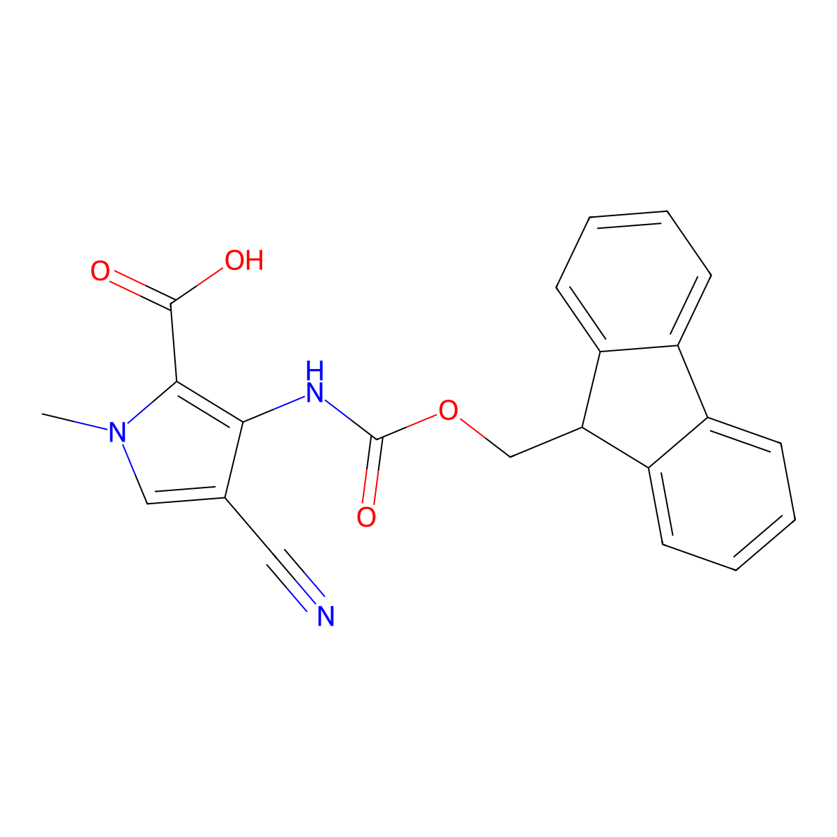 4-cyano-3-({[(9H-fluoren-9-yl)methoxy]carbonyl}amino)-1-methyl-1H-pyrrole-2-carboxylic acid molecular structure, CAS 2385783-38-8