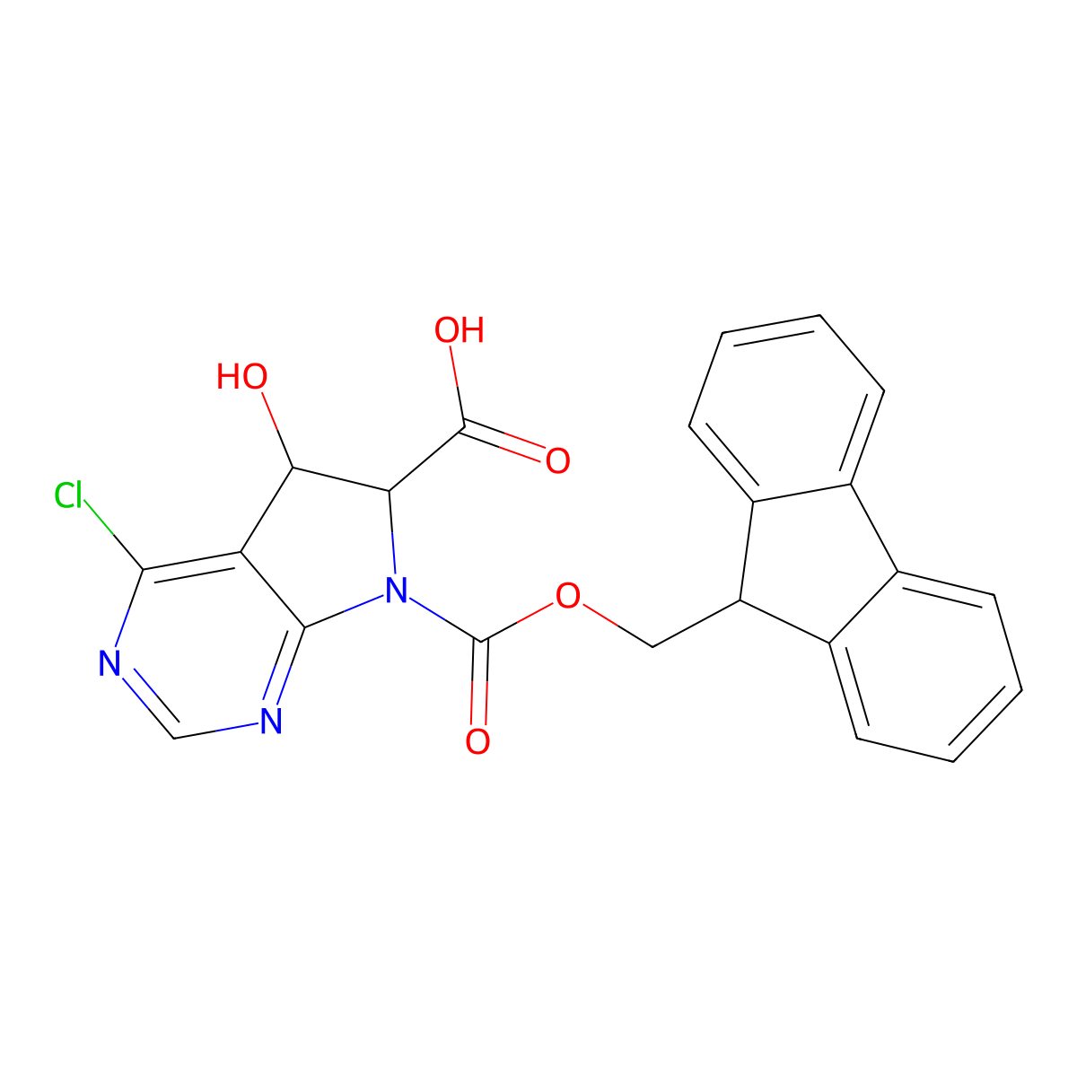 4-chloro-7-{[(9H-fluoren-9-yl)methoxy]carbonyl}-5-hydroxy-5H,6H,7H-pyrrolo[2,3-d]pyrimidine-6-carboxylic acid molecular structure, CAS 2385829-41-2