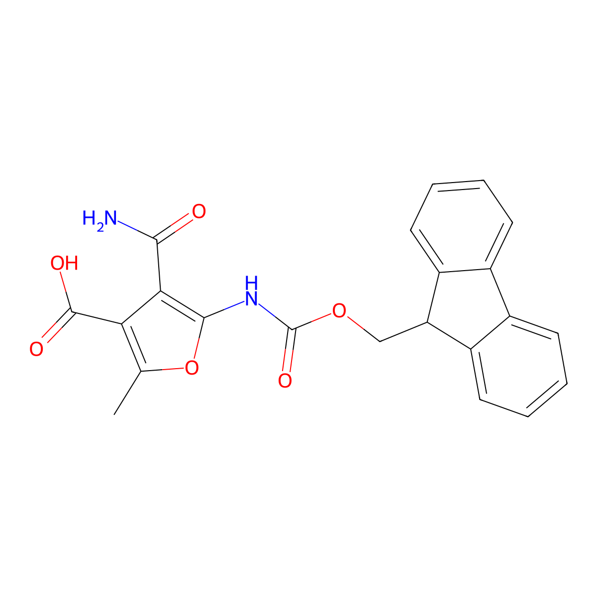 4-carbamoyl-5-({[(9H-fluoren-9-yl)methoxy]carbonyl}amino)-2-methylfuran-3-carboxylic acid molecular structure, CAS 2385906-17-0