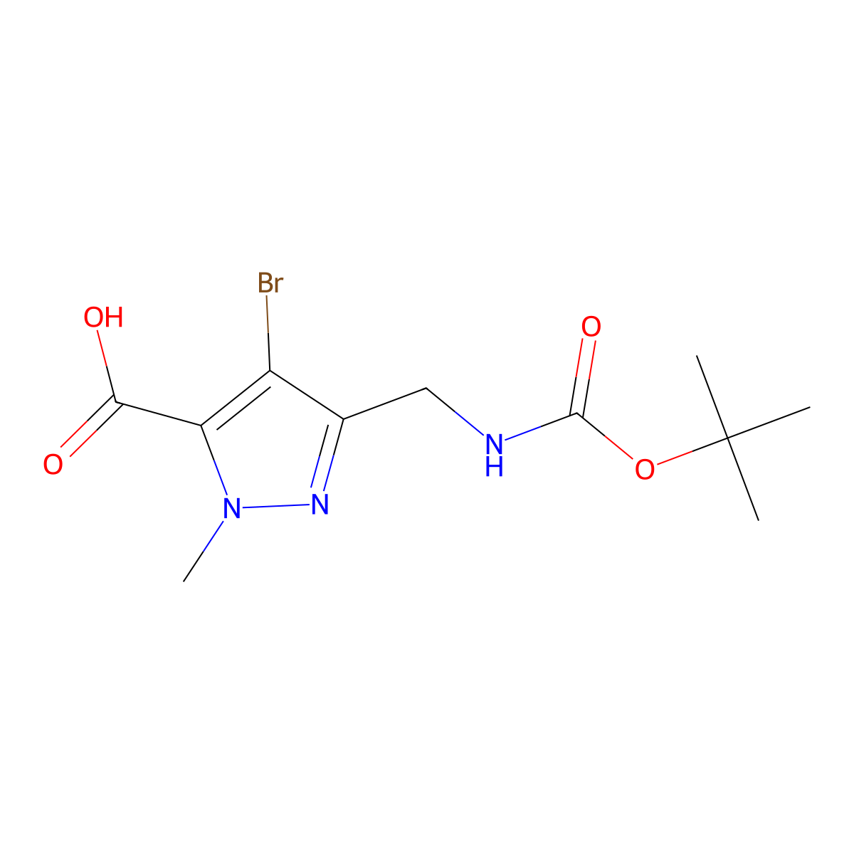 4-bromo-3-({[(tert-butoxy)carbonyl]amino}methyl)-1-methyl-1H-pyrazole-5-carboxylic acid molecular structure, CAS 2385927-21-7