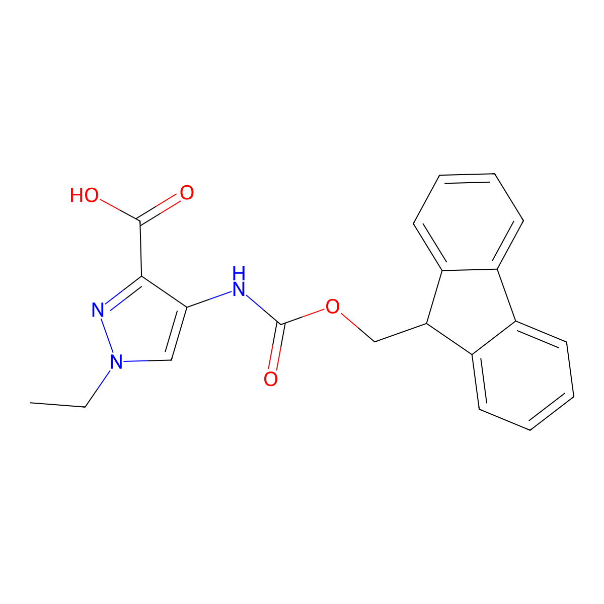 1-ethyl-4-({[(9H-fluoren-9-yl)methoxy]carbonyl}amino)-1H-pyrazole-3-carboxylic acid molecular structure, CAS 2386041-24-1
