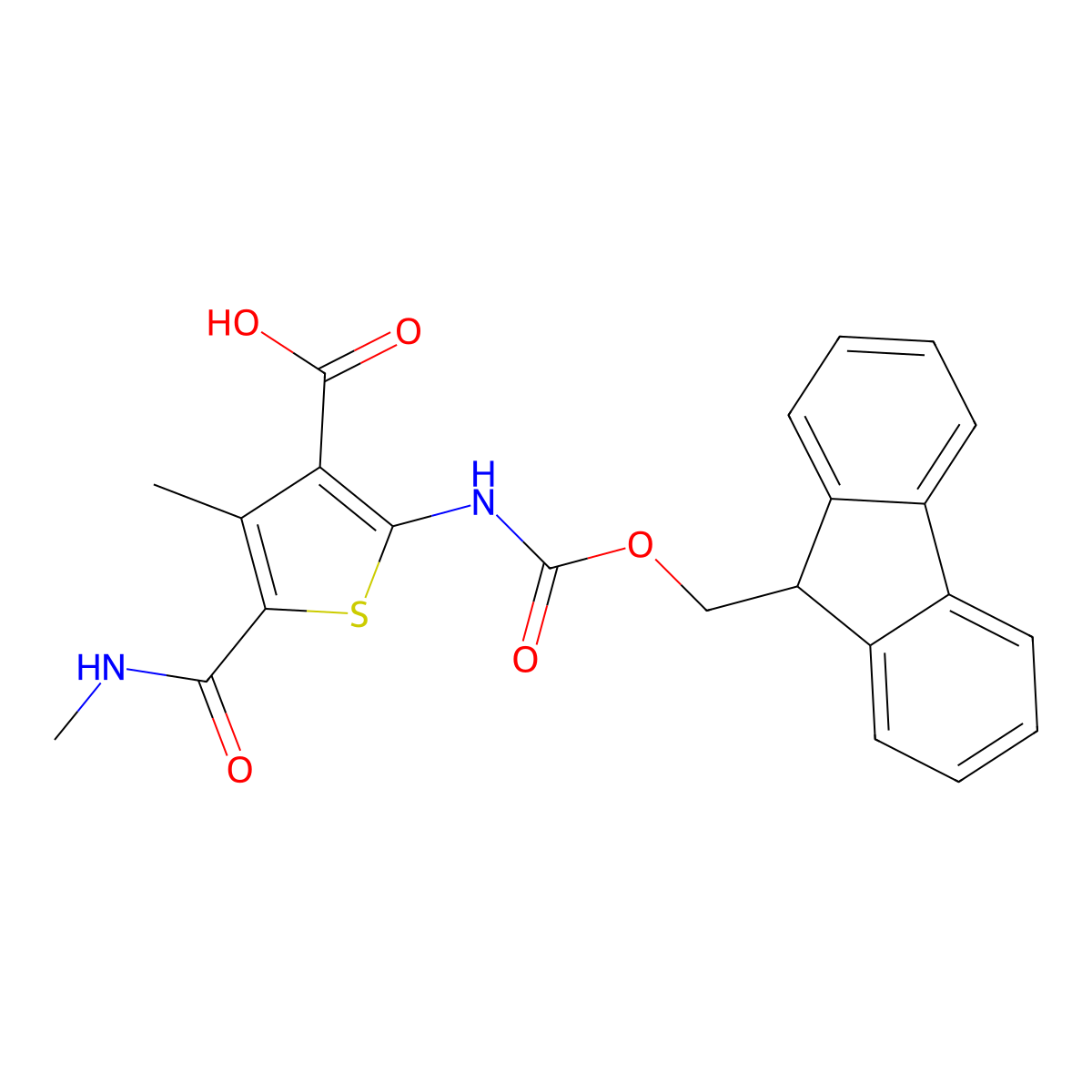 2-({[(9H-fluoren-9-yl)methoxy]carbonyl}amino)-4-methyl-5-(methylcarbamoyl)thiophene-3-carboxylic acid molecular structure, CAS 2386074-34-4