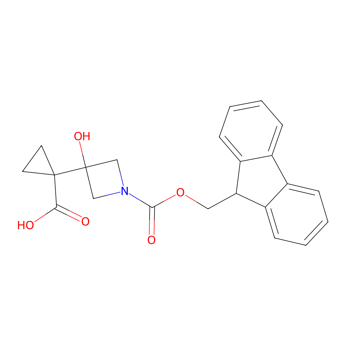 1-(1-{[(9H-fluoren-9-yl)methoxy]carbonyl}-3-hydroxyazetidin-3-yl)cyclopropane-1-carboxylic acid molecular structure, CAS 2386078-95-9