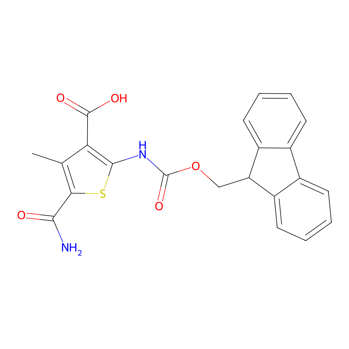 5-carbamoyl-2-({[(9H-fluoren-9-yl)methoxy]carbonyl}amino)-4-methylthiophene-3-carboxylic acid molecular structure, CAS 2386150-24-7