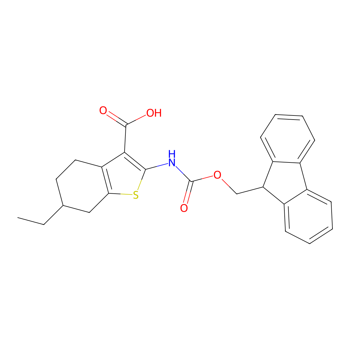 6-ethyl-2-({[(9H-fluoren-9-yl)methoxy]carbonyl}amino)-4,5,6,7-tetrahydro-1-benzothiophene-3-carboxylic acid molecular structure, CAS 2386236-34-4