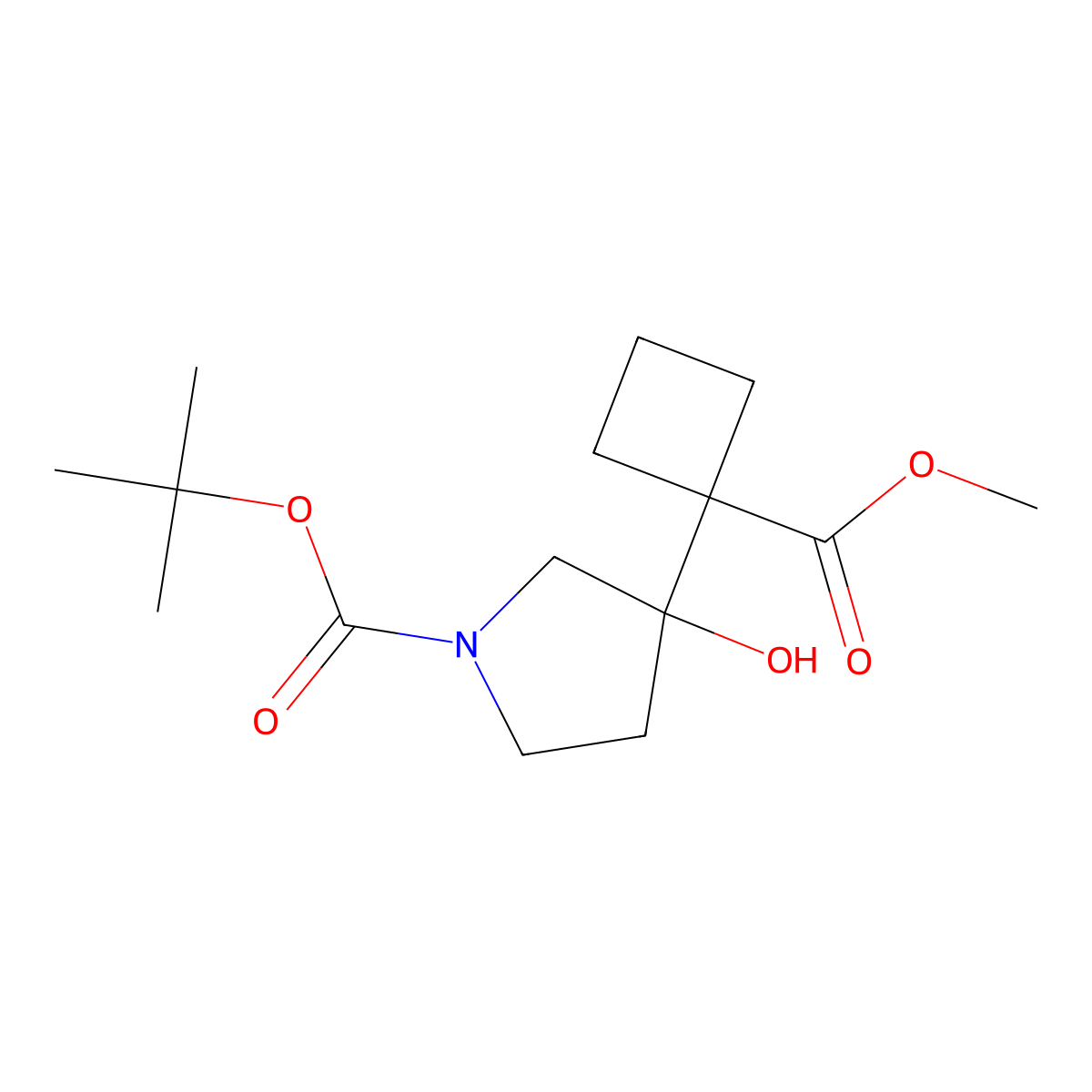 Tert-butyl 3-hydroxy-3-(1-(methoxycarbonyl)cyclobutyl)pyrrolidine-1-carboxylate molecular structure, CAS 2386251-98-3