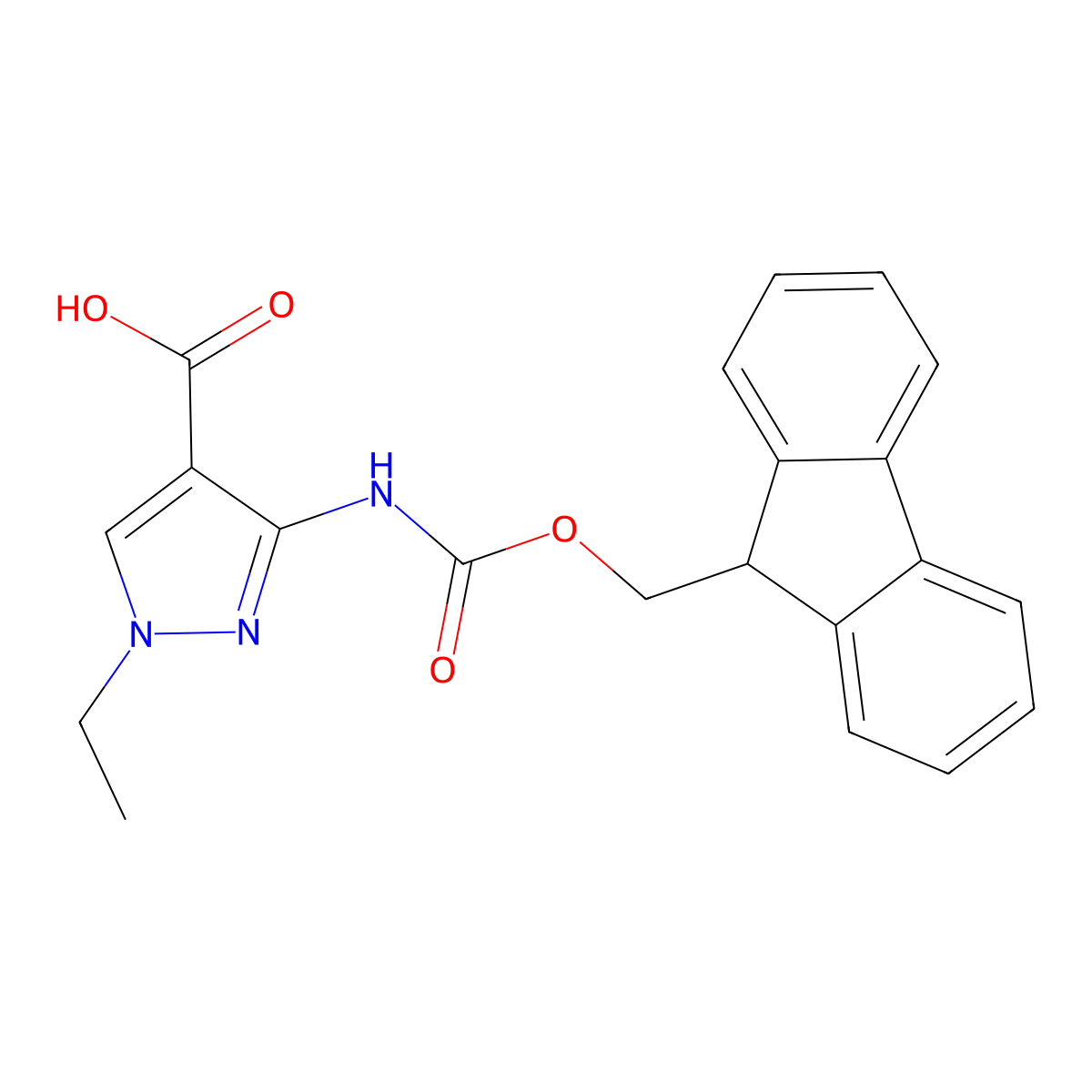 1-ethyl-3-({[(9H-fluoren-9-yl)methoxy]carbonyl}amino)-1H-pyrazole-4-carboxylic acid molecular structure, CAS 2386467-59-8