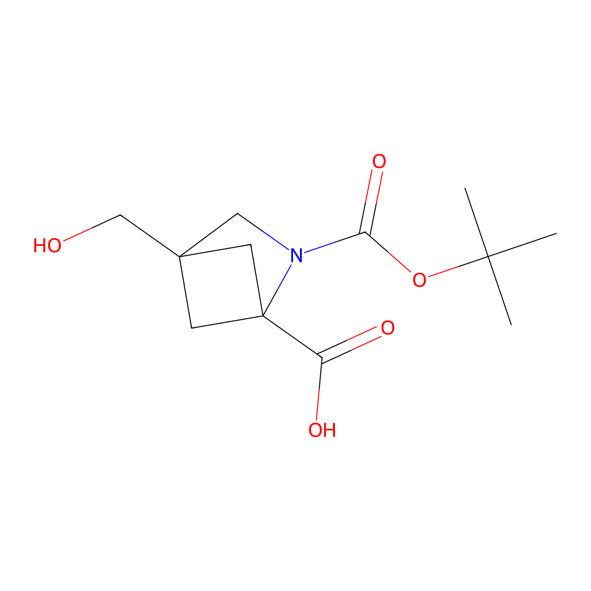 2-((Tert-butoxy)carbonyl)-4-(hydroxymethyl)-2-azabicyclo(2.1.1)hexane-1-carboxylic acid molecular structure, CAS 2386475-28-9