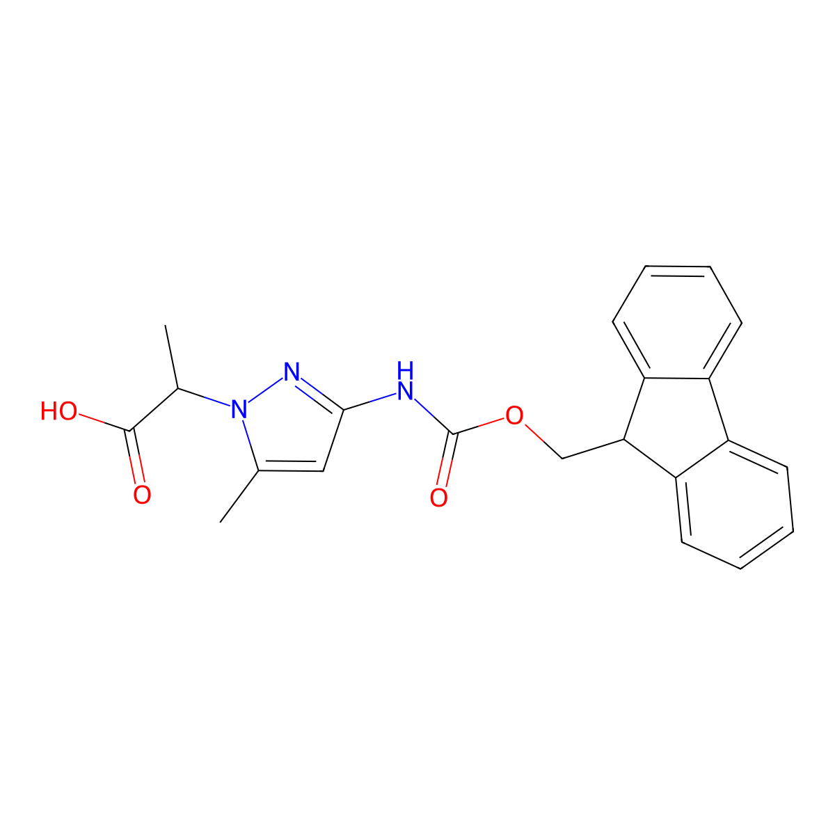 2-[3-({[(9H-fluoren-9-yl)methoxy]carbonyl}amino)-5-methyl-1H-pyrazol-1-yl]propanoic acid molecular structure, CAS 2386719-19-1