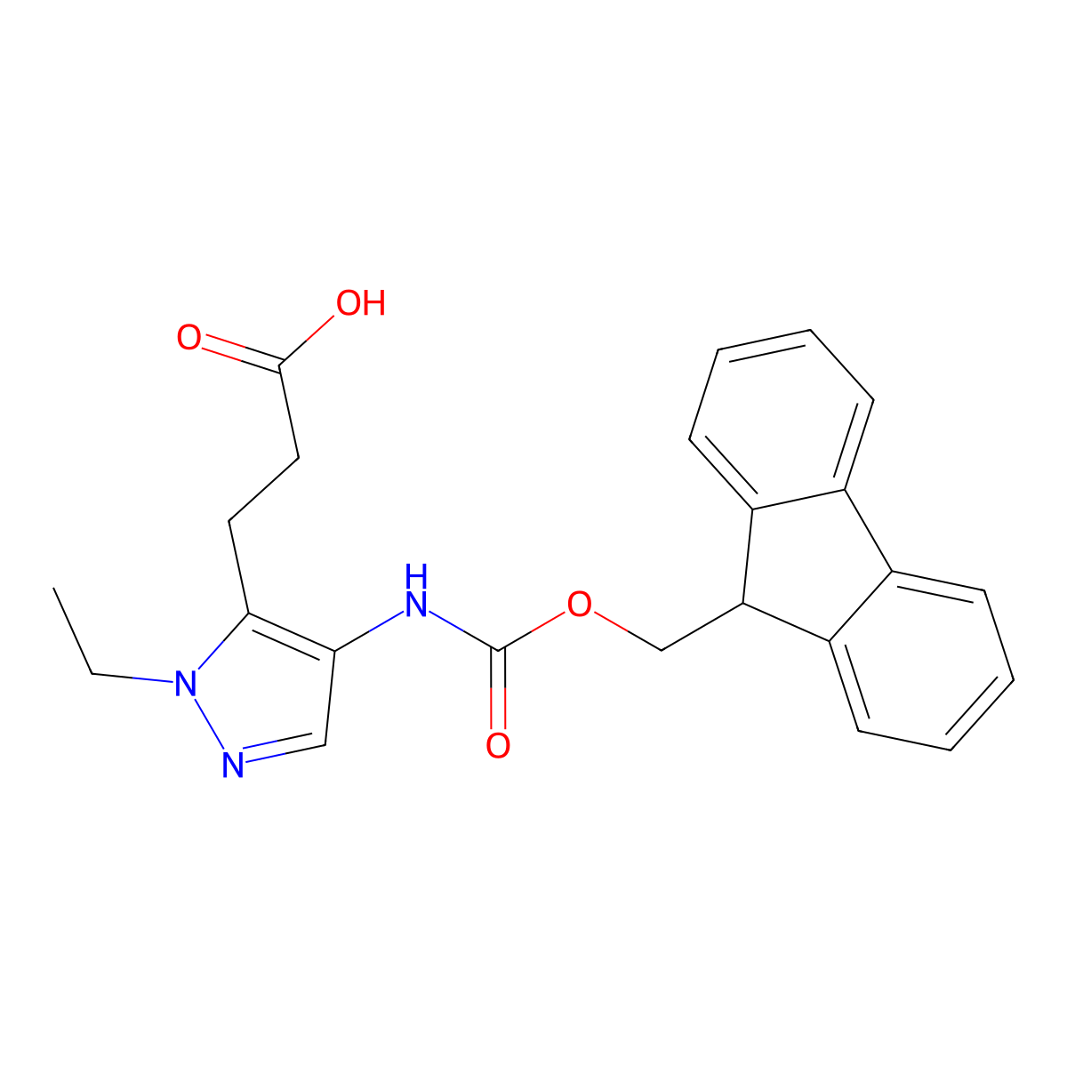 3-[1-ethyl-4-({[(9H-fluoren-9-yl)methoxy]carbonyl}amino)-1H-pyrazol-5-yl]propanoic acid molecular structure, CAS 2386747-81-3